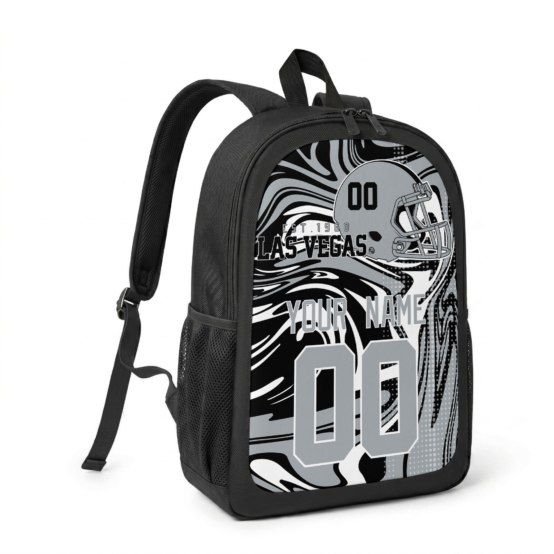 Las Vegas custom name and number football backpack angled side view with black straps