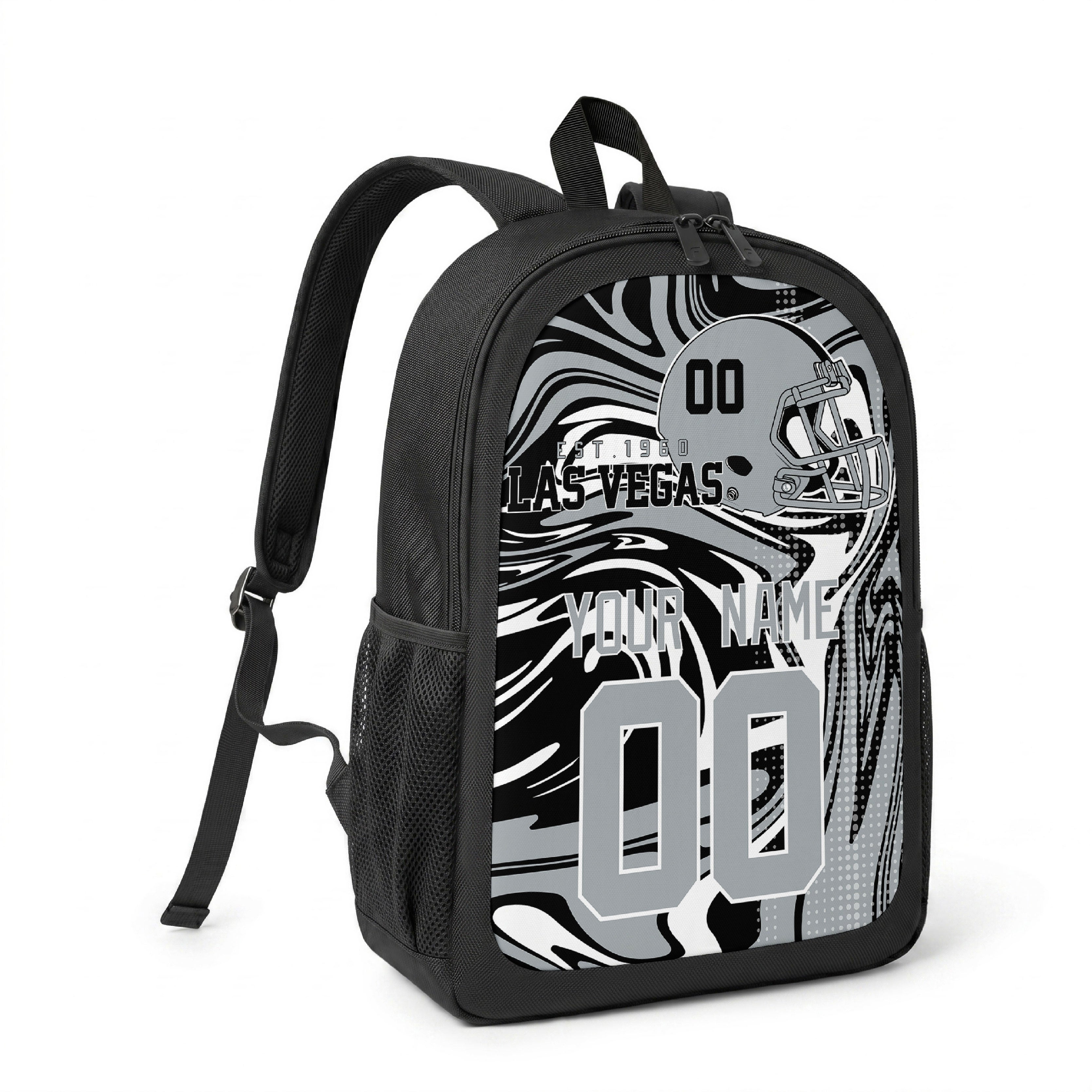 Las Vegas custom name and number football backpack angled side view with black straps