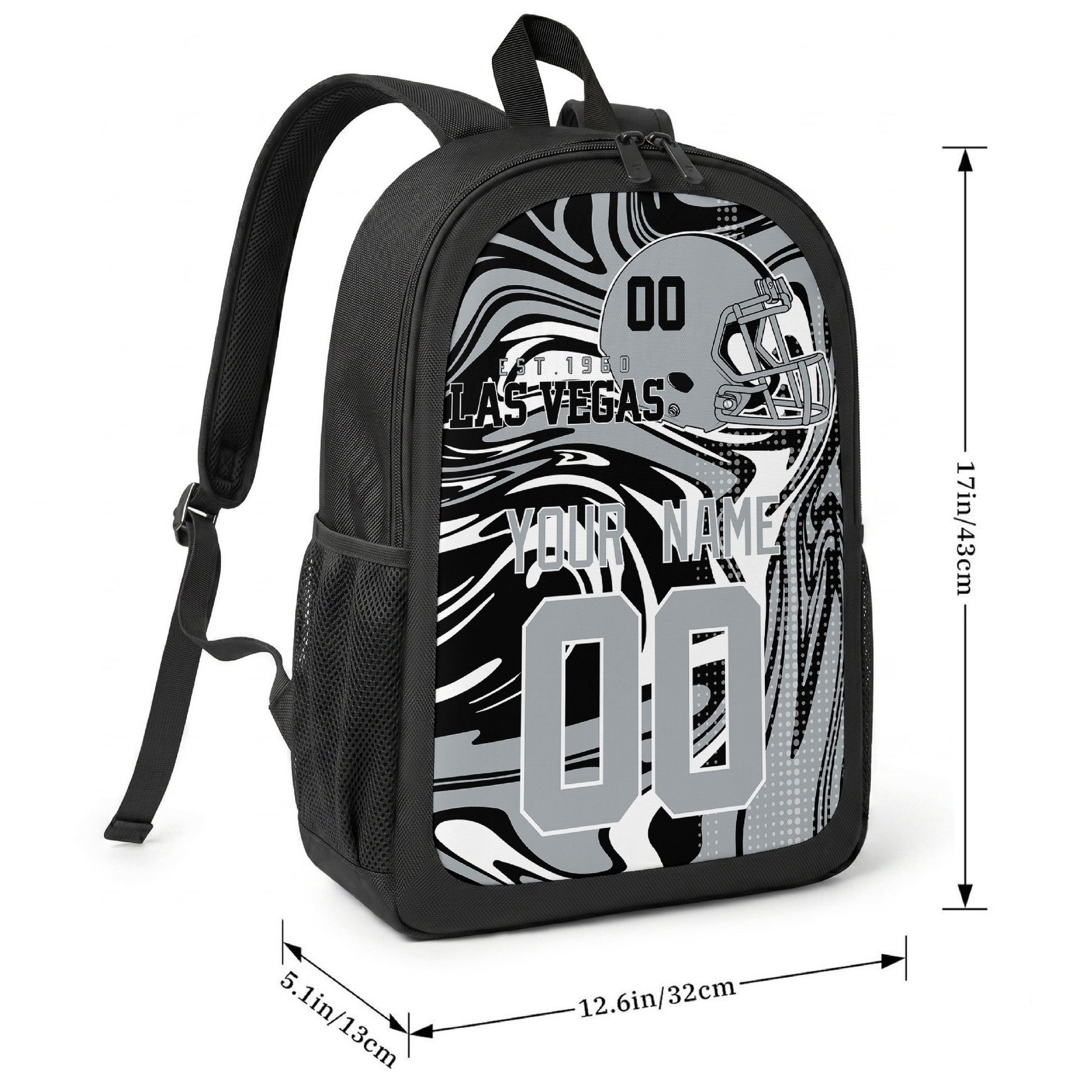Las Vegas football-inspired backpack size chart showing 17 inch height, 12.6 inch width, and 5.1 inch depth