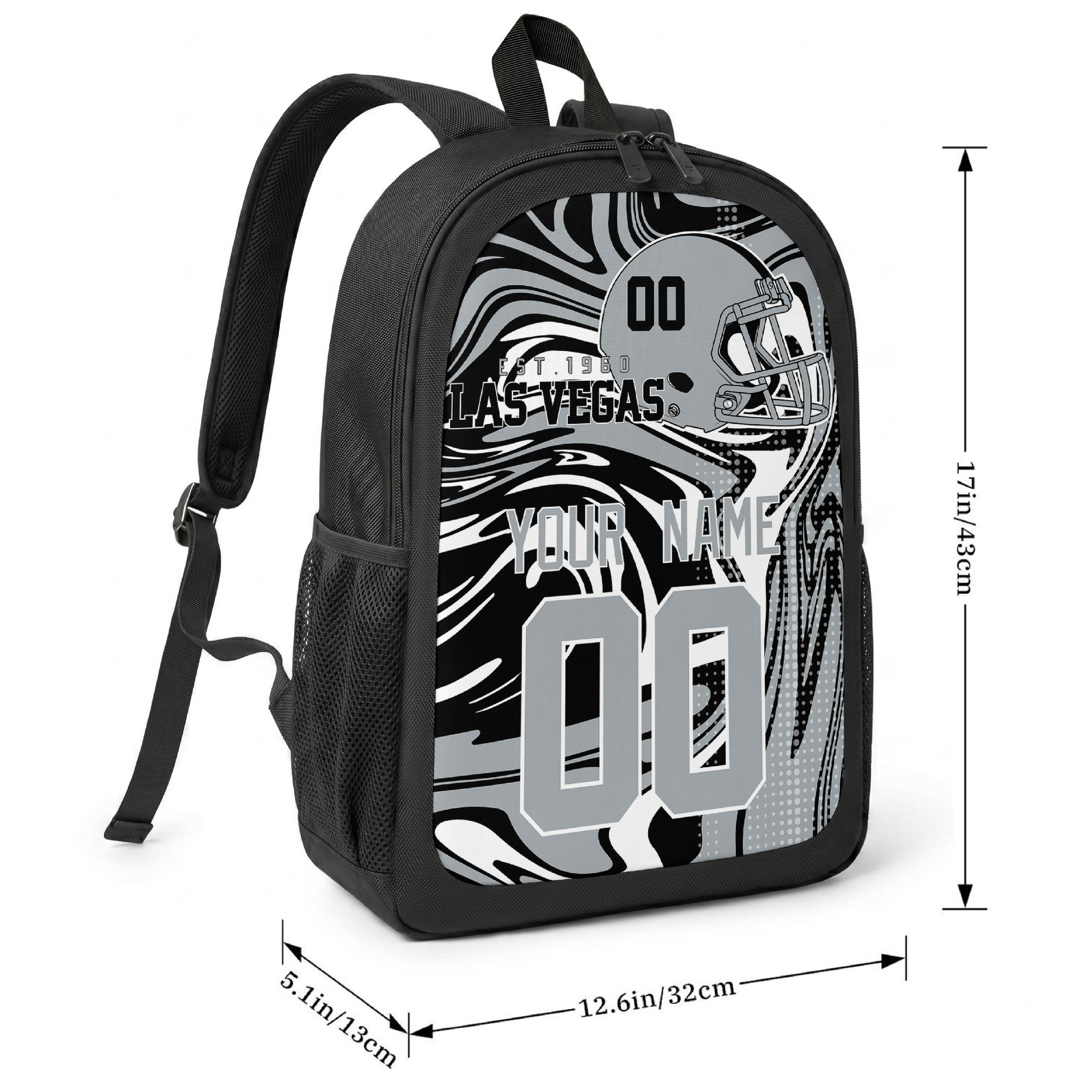Las Vegas football-inspired backpack size chart showing 17 inch height, 12.6 inch width, and 5.1 inch depth