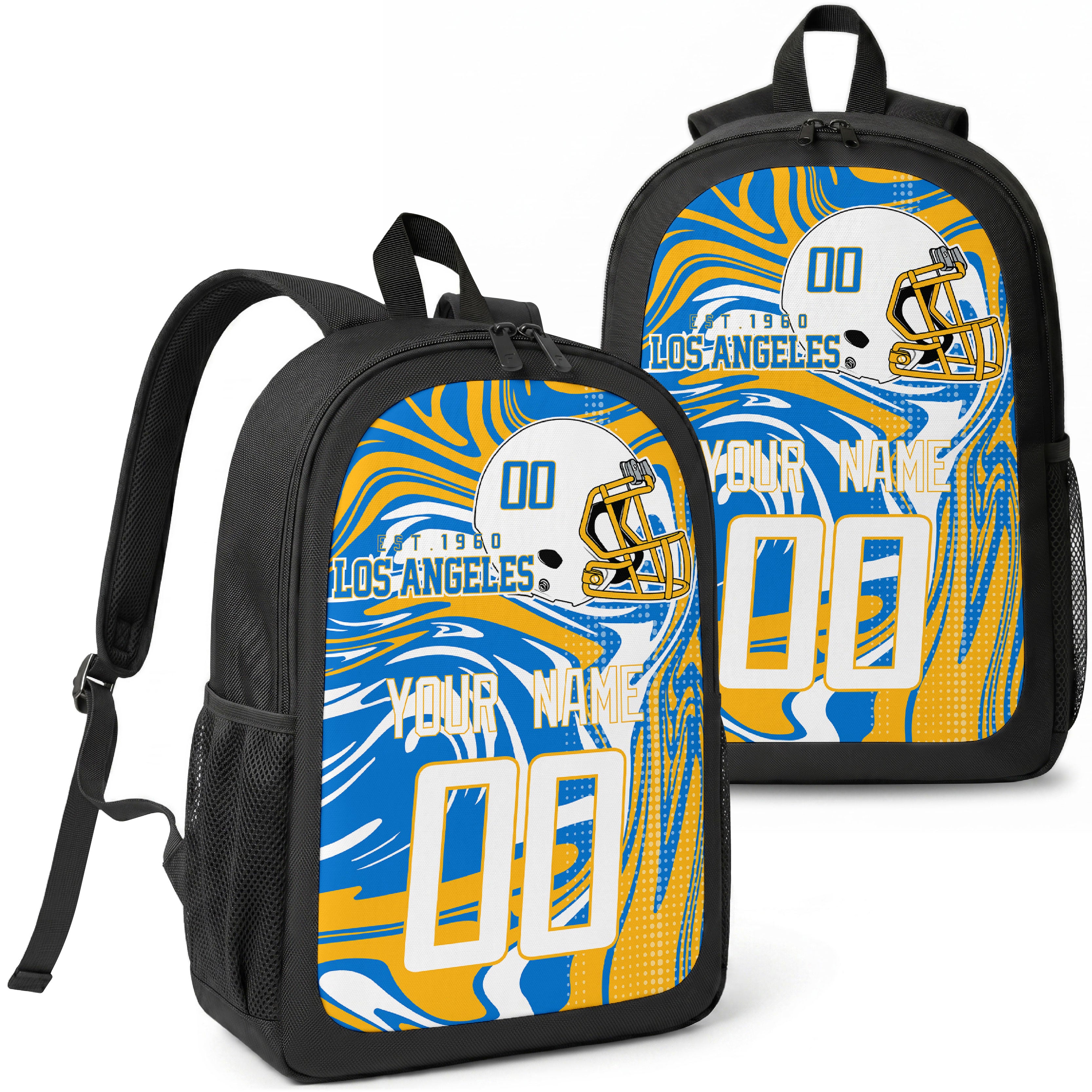 Los Angeles Blue custom football backpack with name and number, front and angled product view
