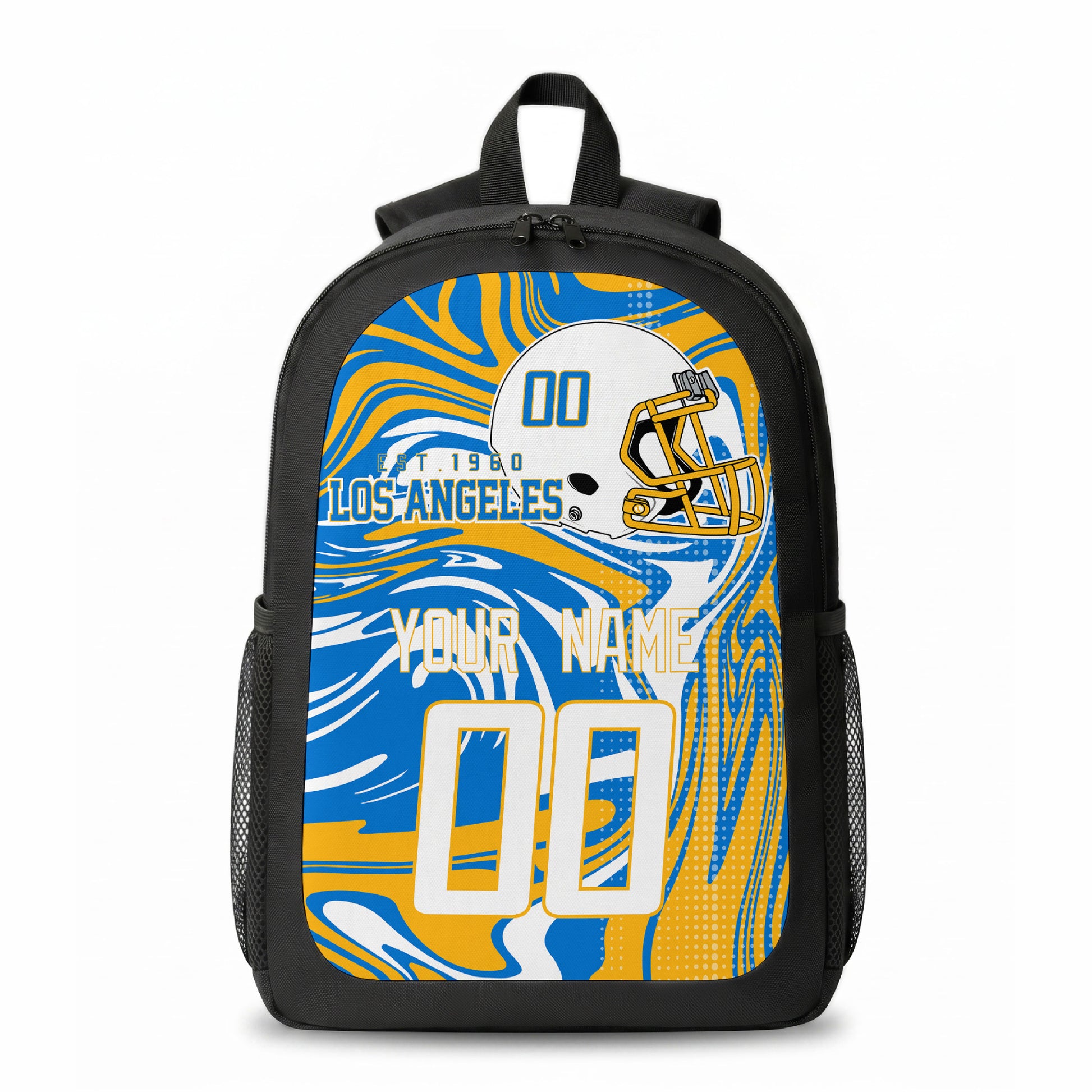 Los Angeles Blue city colors personalized football backpack front view with helmet-style graphic