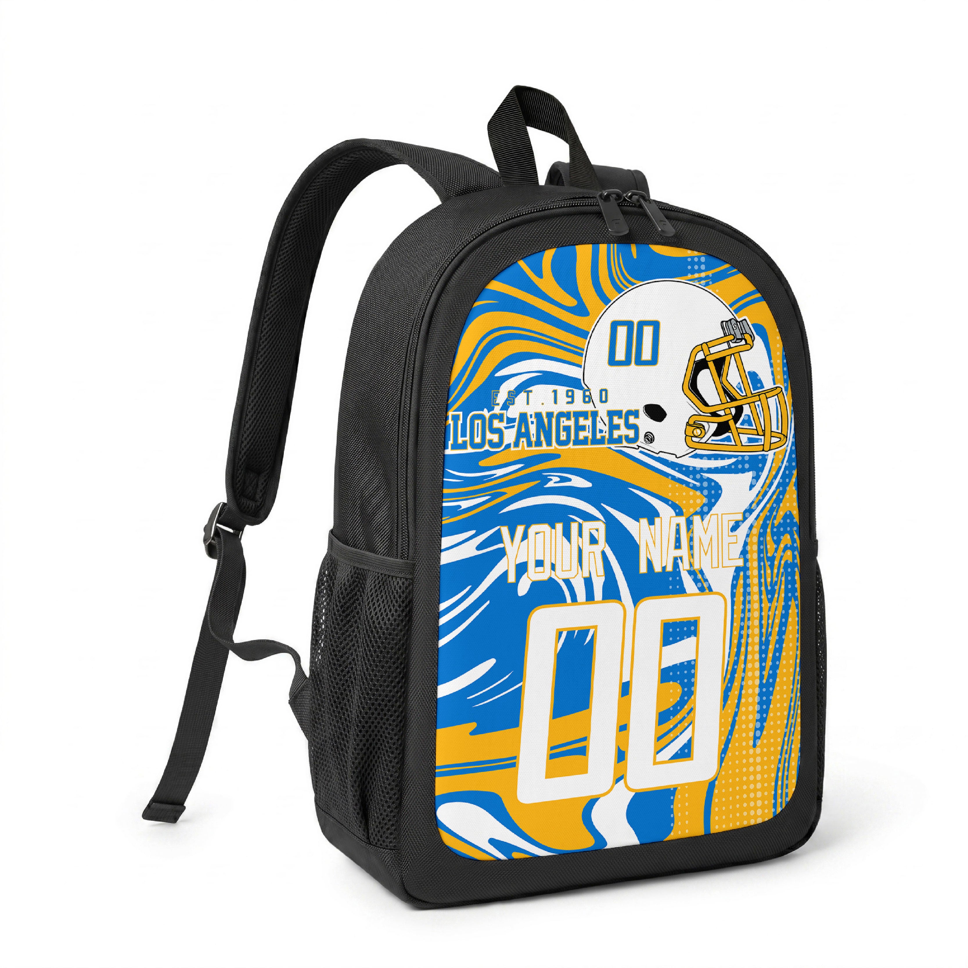 Los Angeles Blue custom name and number football backpack angled side view with black straps