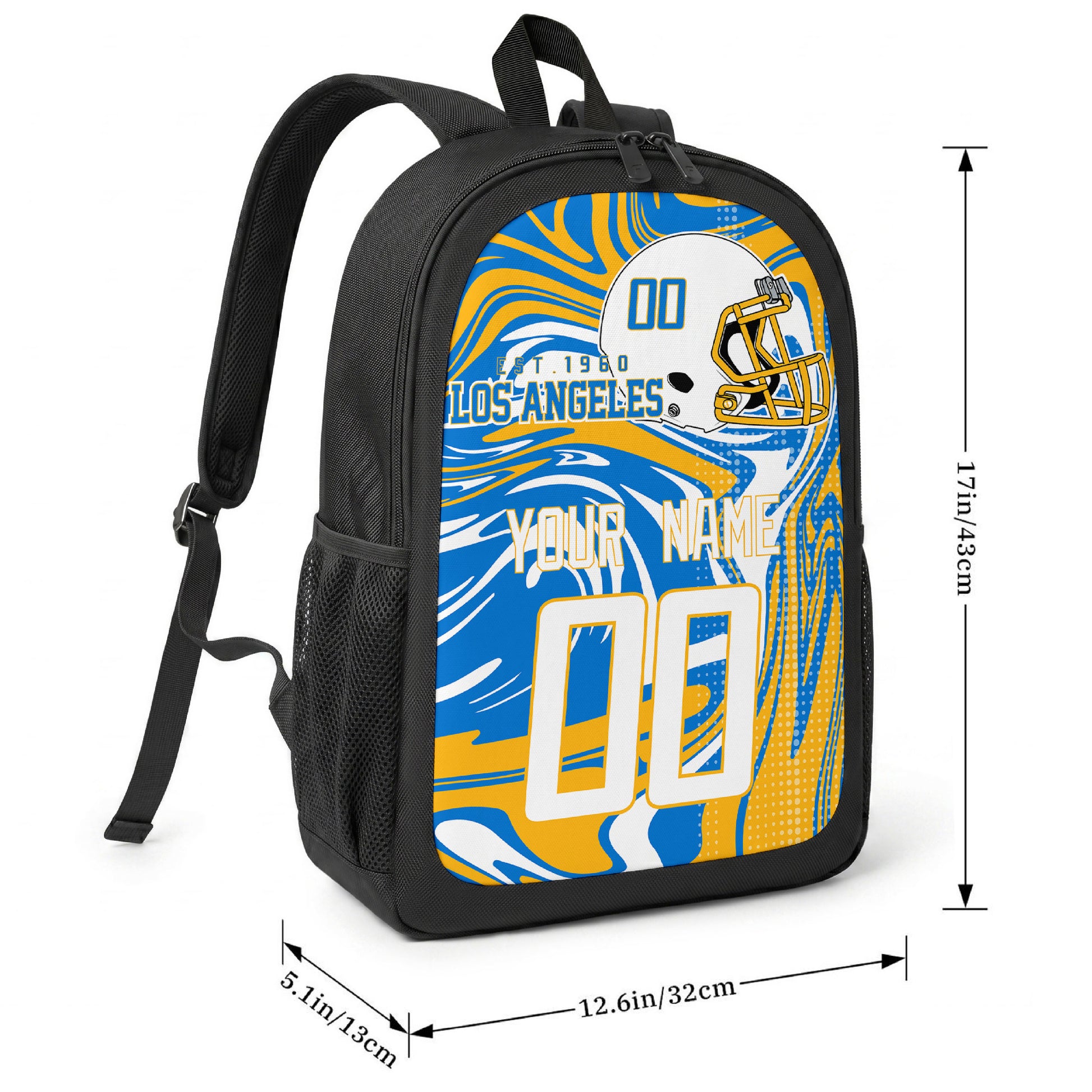 Los Angeles Blue football-inspired backpack size chart showing 17 inch height, 12.6 inch width, and 5.1 inch depth