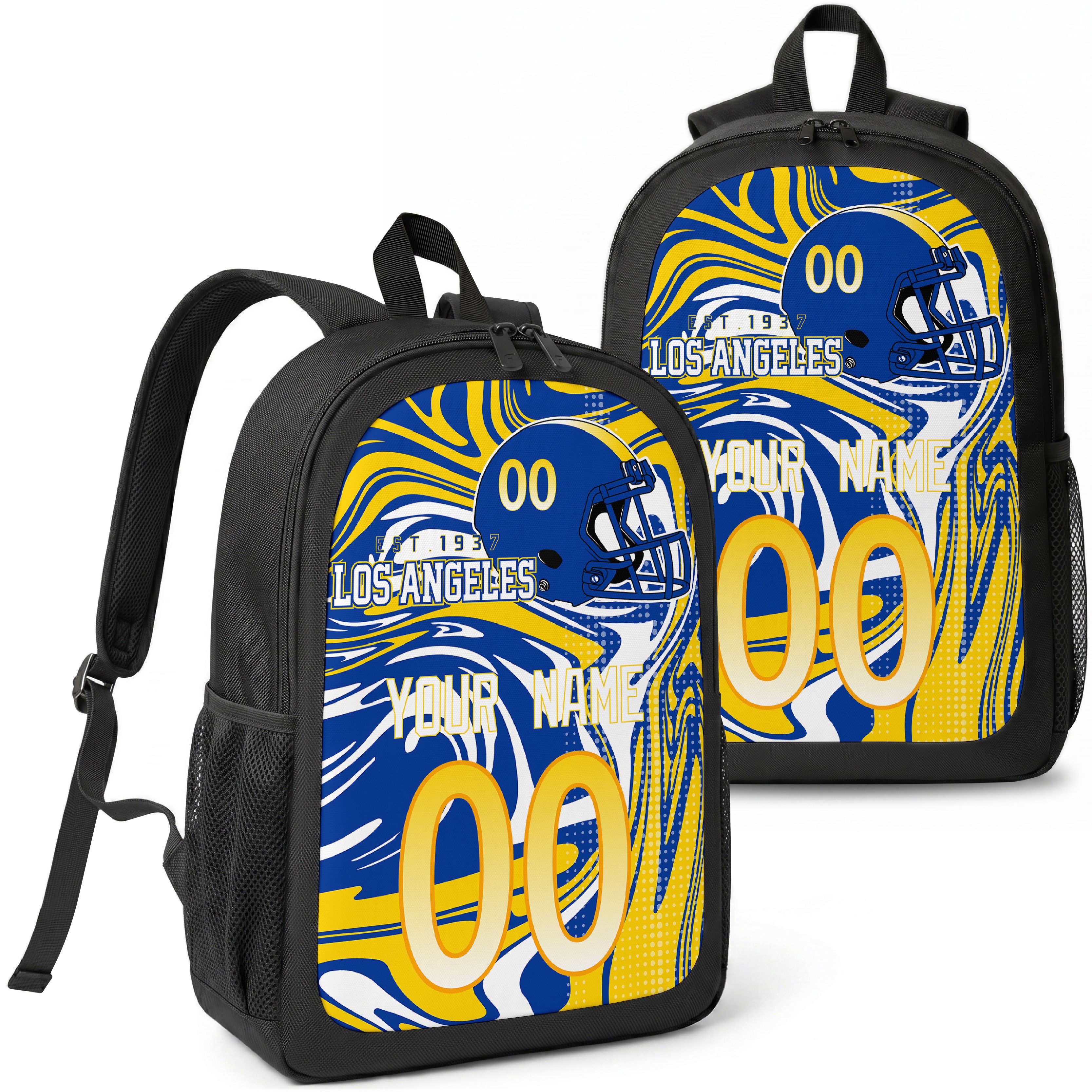 Los Angeles Royal custom football backpack with name and number, front and angled product view
