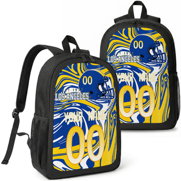 Los Angeles Royal custom football backpack with name and number, front and angled product view