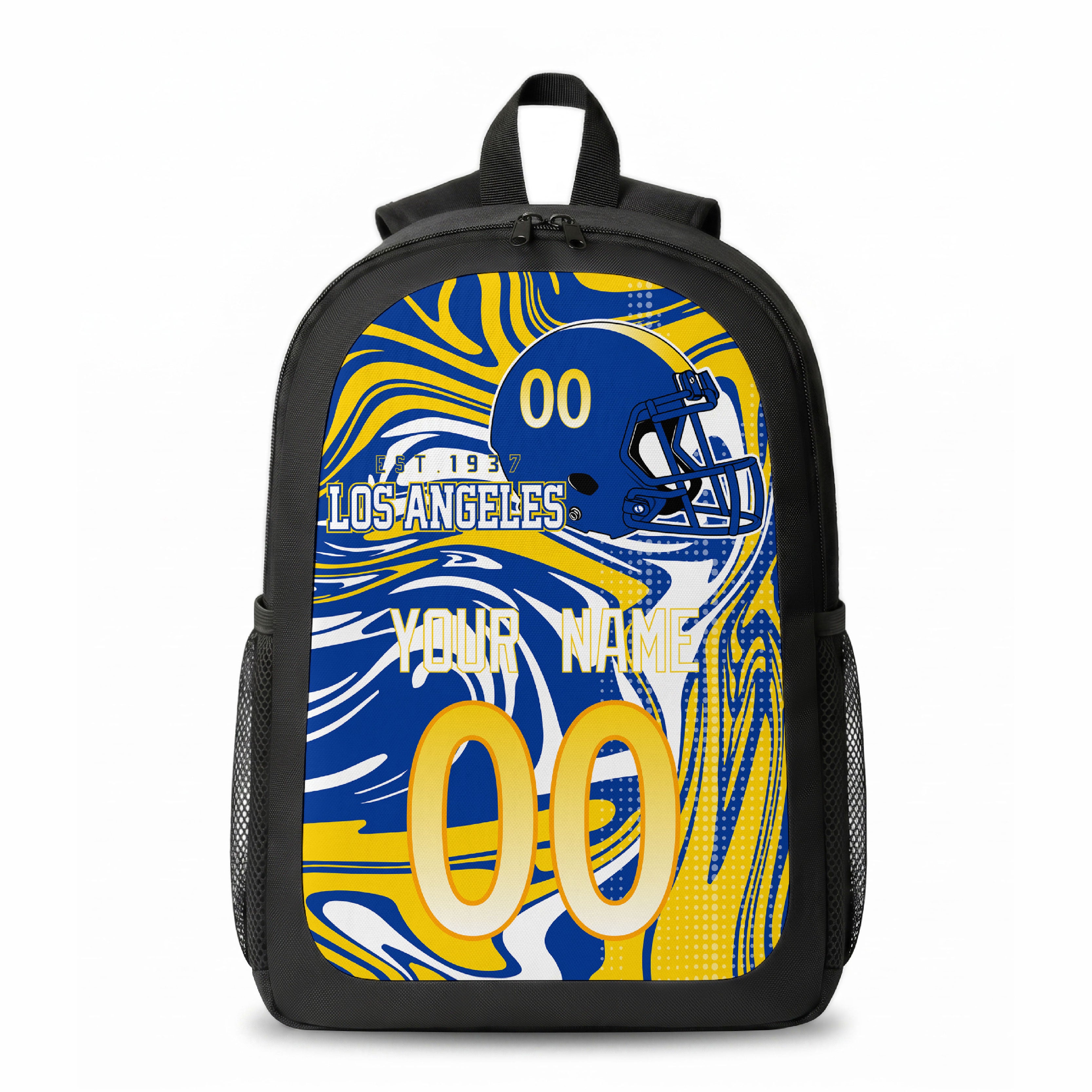 Los Angeles Royal city colors personalized football backpack front view with helmet-style graphic