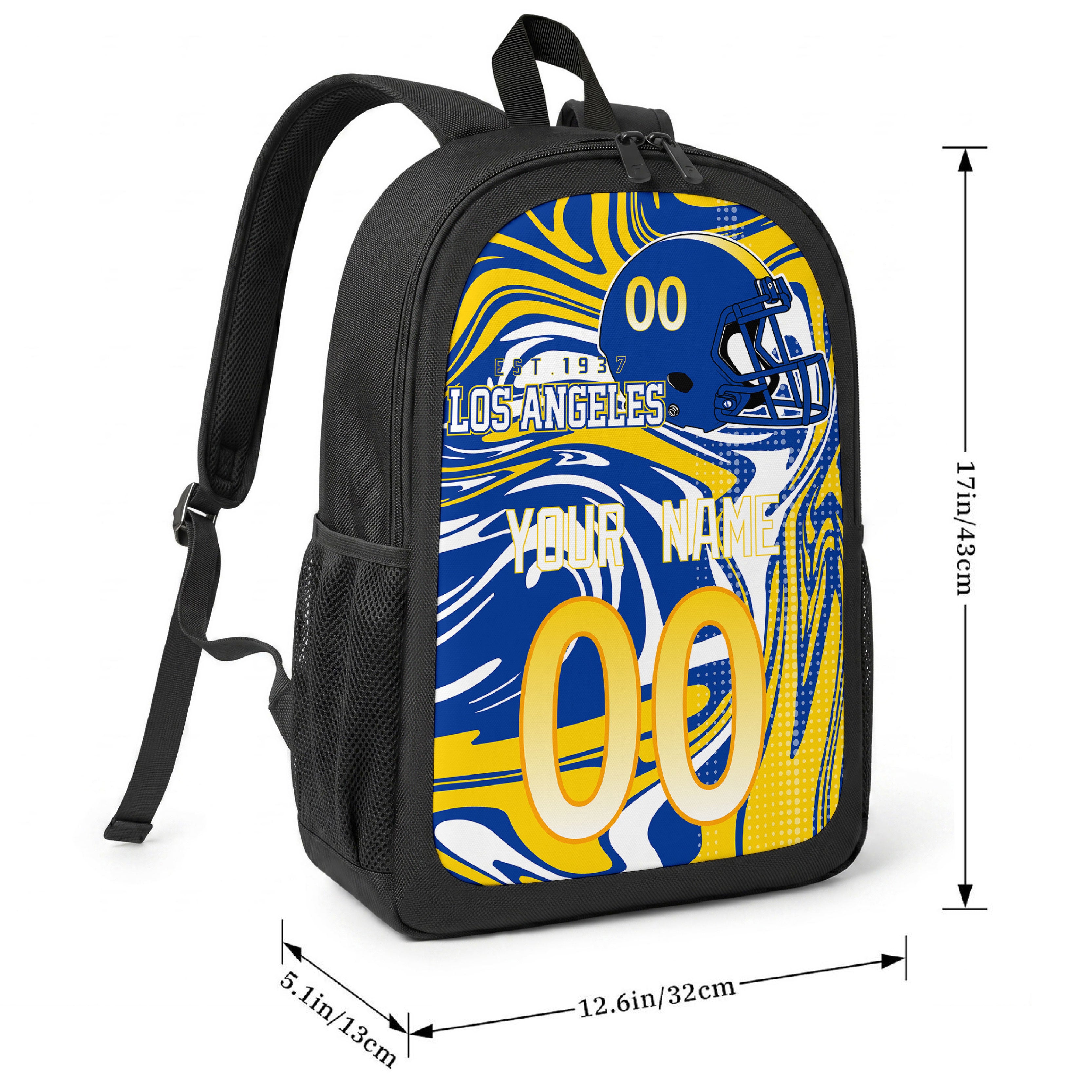 Los Angeles Royal football-inspired backpack size chart showing 17 inch height, 12.6 inch width, and 5.1 inch depth
