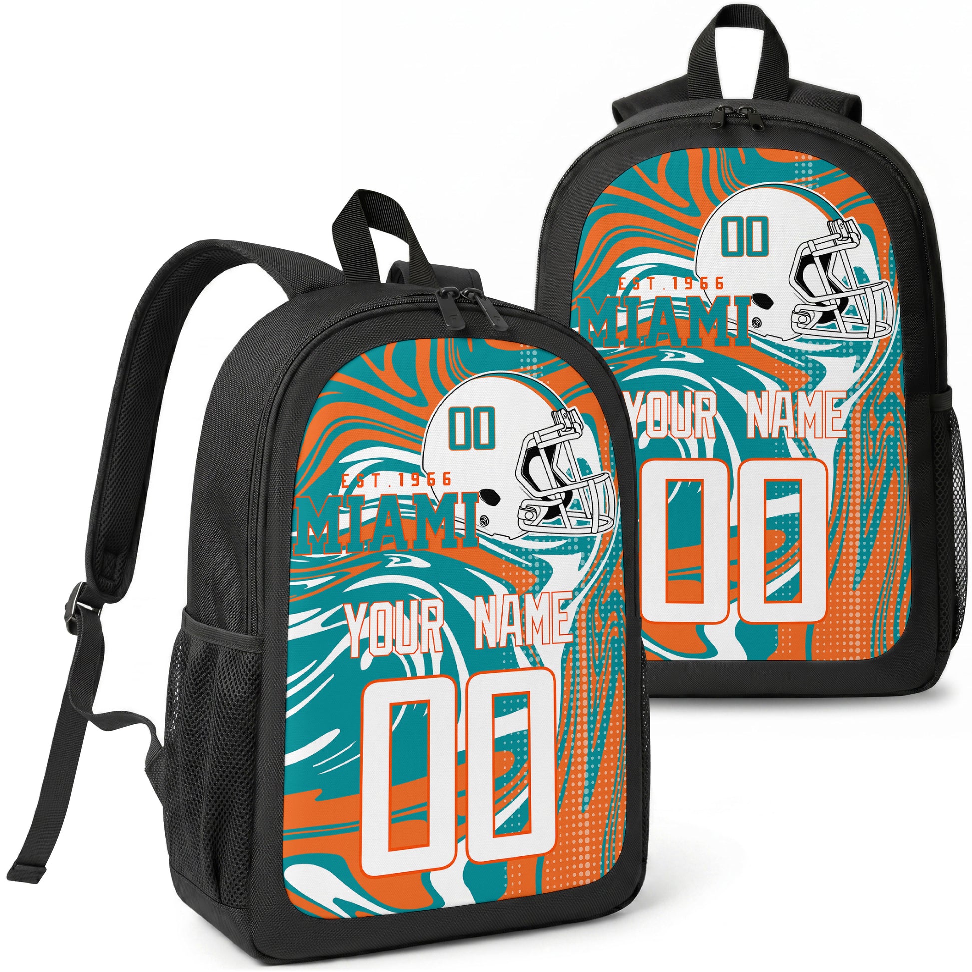 Miami custom football backpack with name and number, front and angled product view