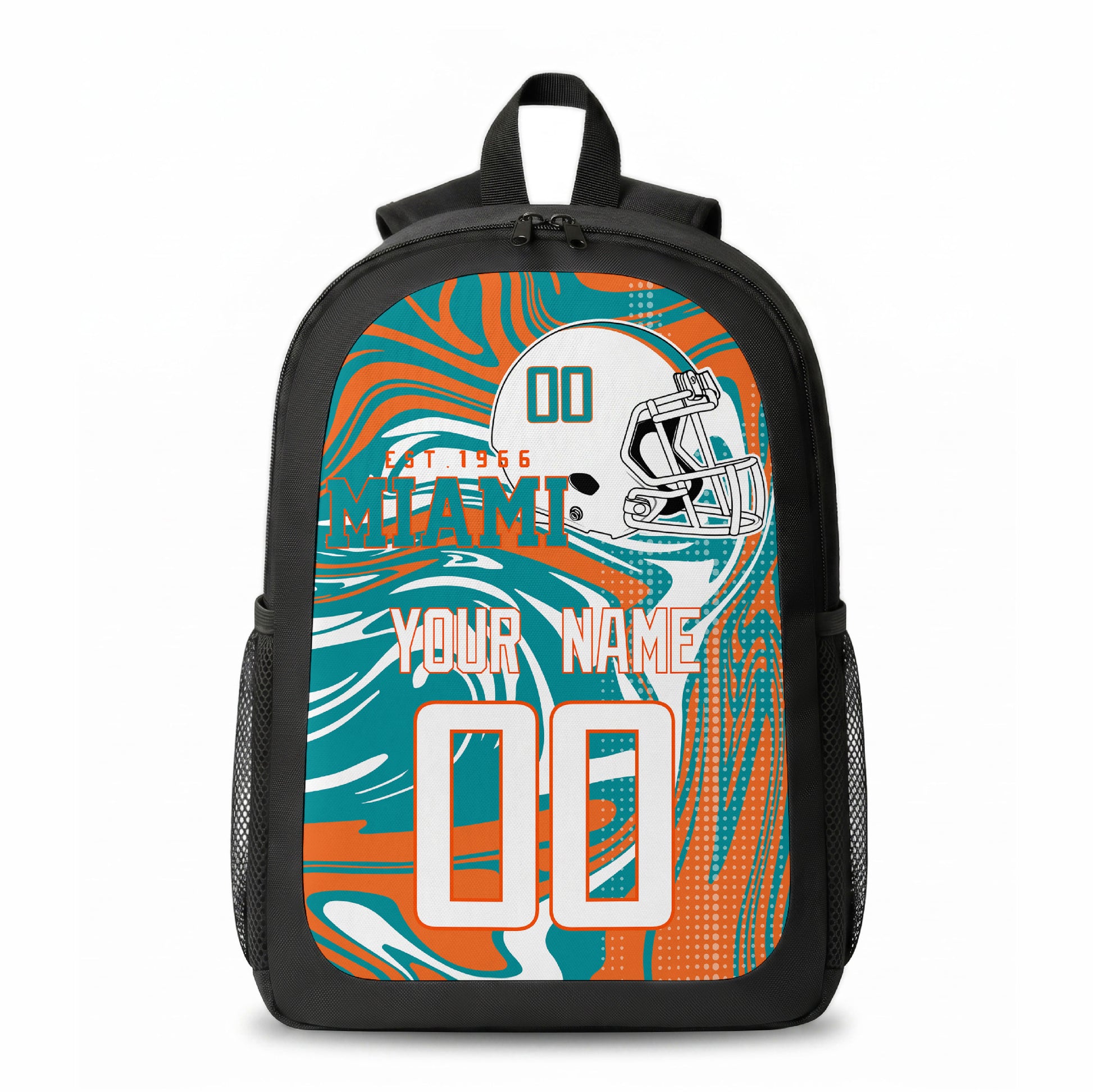Miami city colors personalized football backpack front view with helmet-style graphic