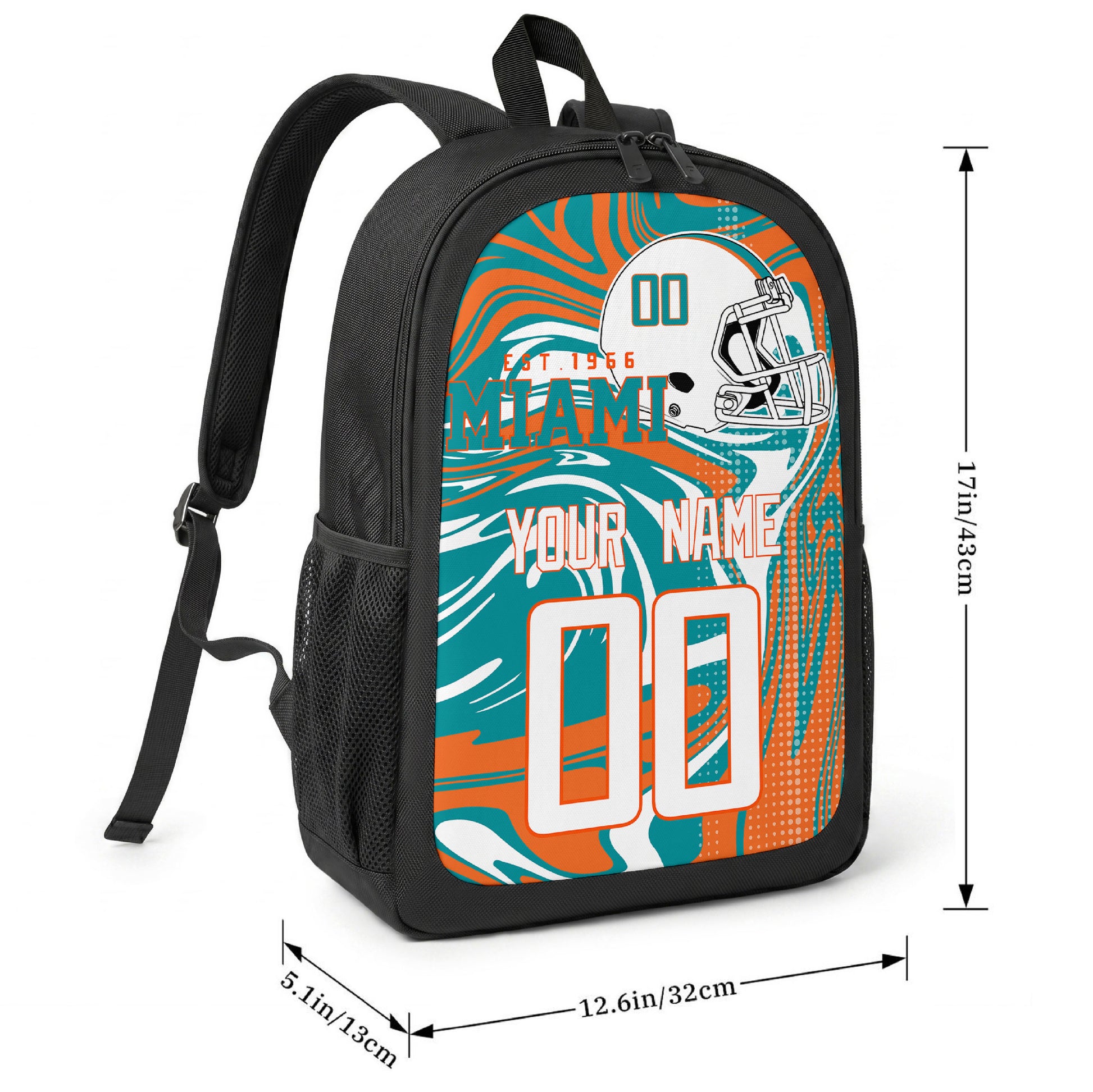 Miami football-inspired backpack size chart showing 17 inch height, 12.6 inch width, and 5.1 inch depth