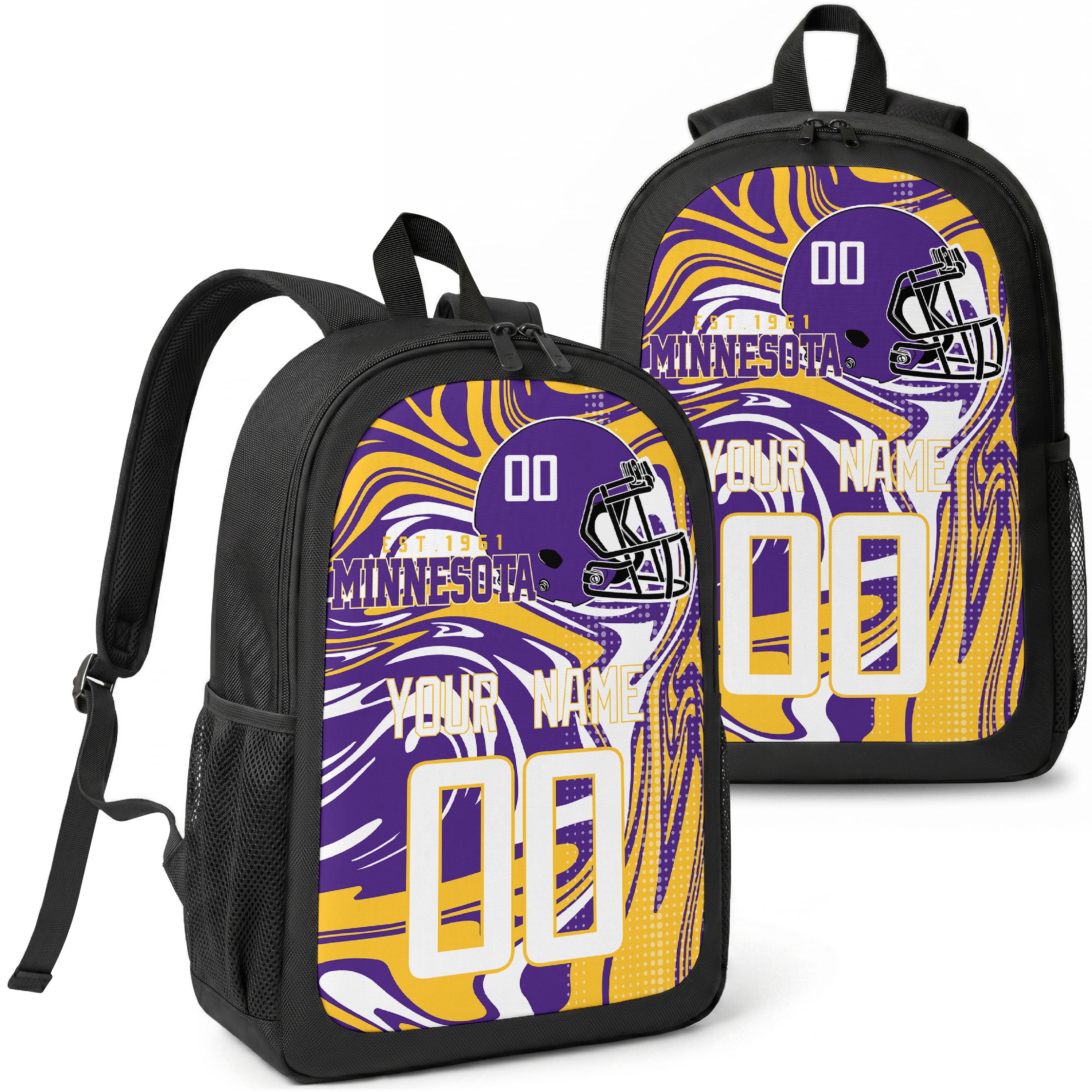 Minnesota custom football backpack with name and number, front and angled product view