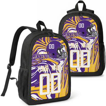 Minnesota custom football backpack with name and number, front and angled product view