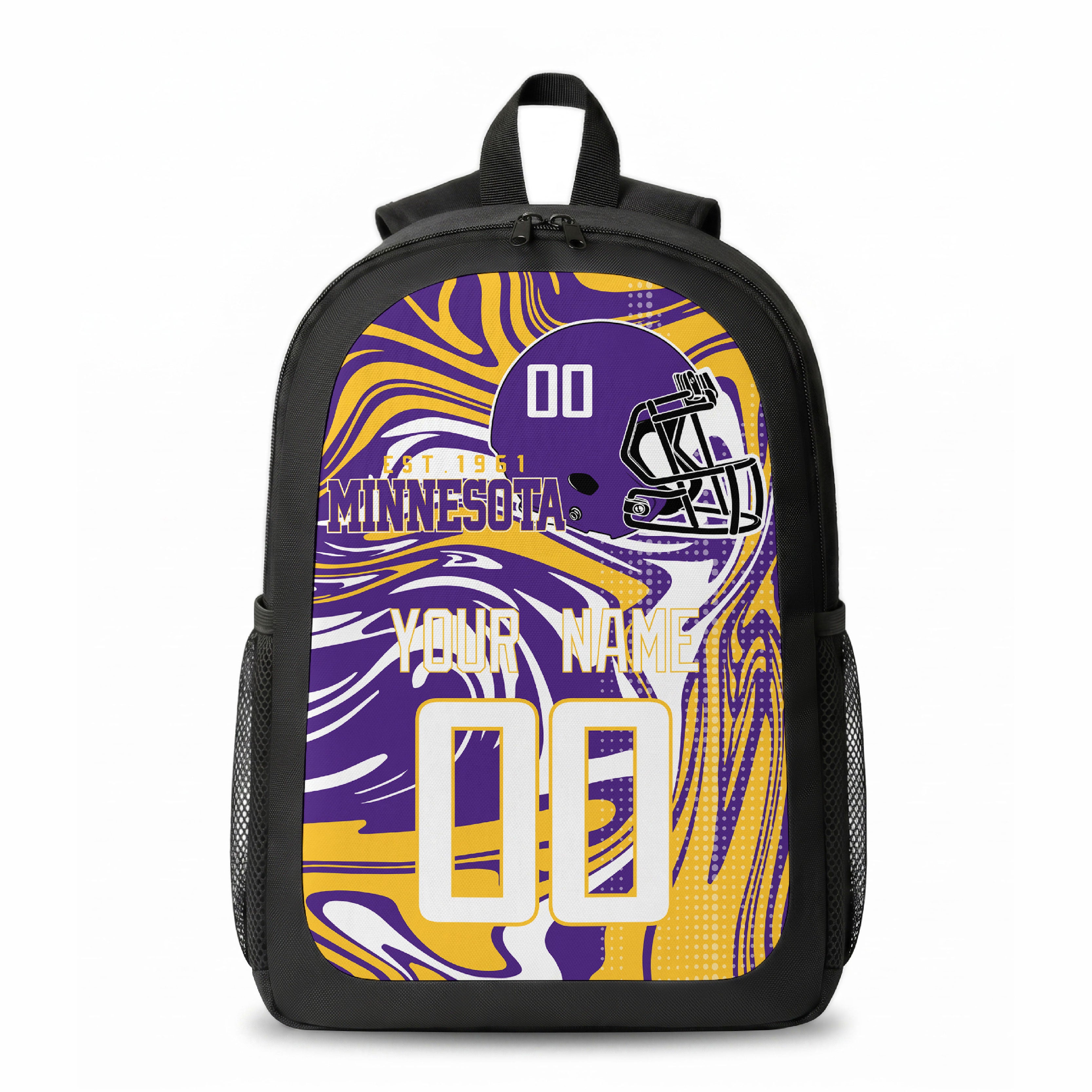 Minnesota city colors personalized football backpack front view with helmet-style graphic