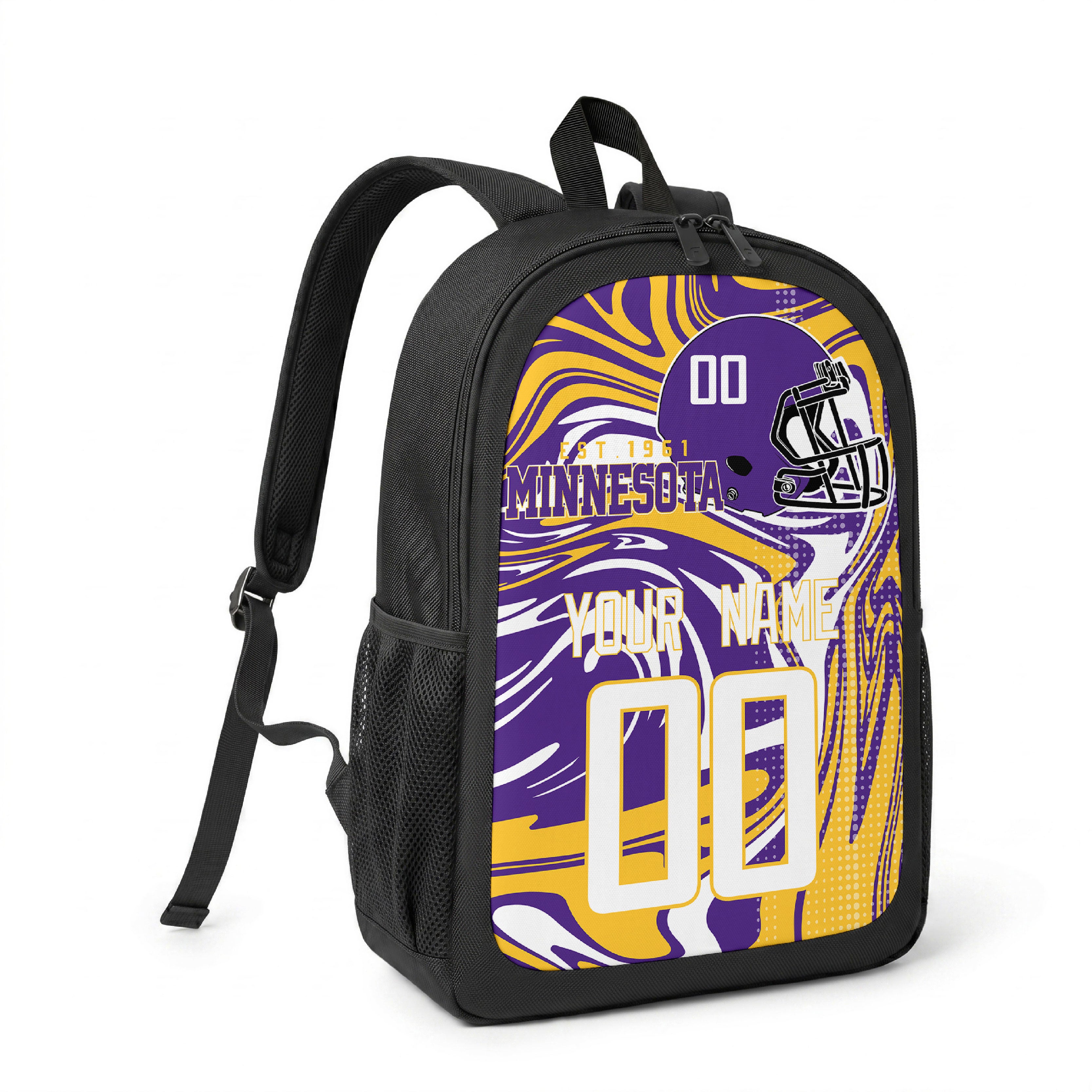 Minnesota custom name and number football backpack angled side view with black straps