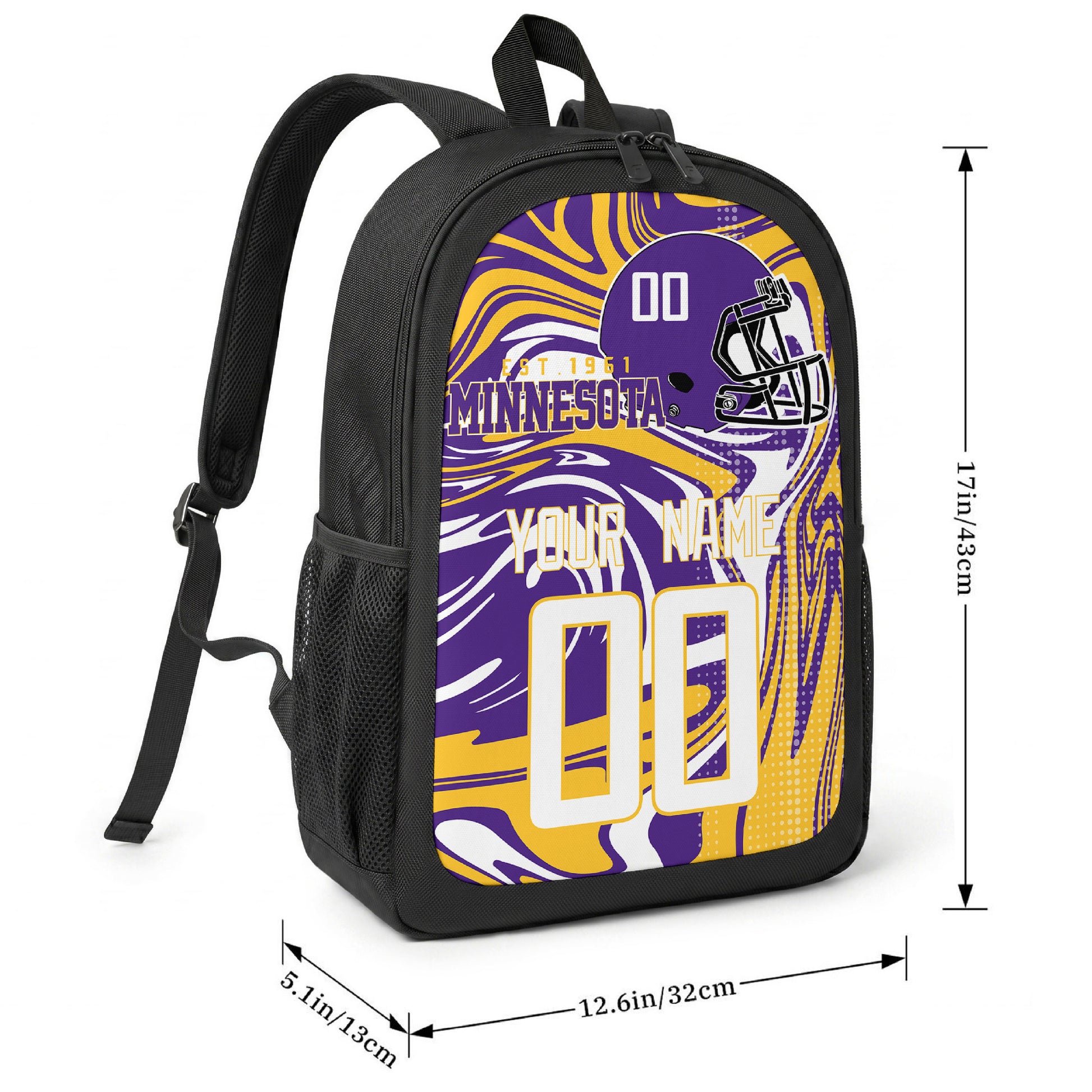 Minnesota football-inspired backpack size chart showing 17 inch height, 12.6 inch width, and 5.1 inch depth