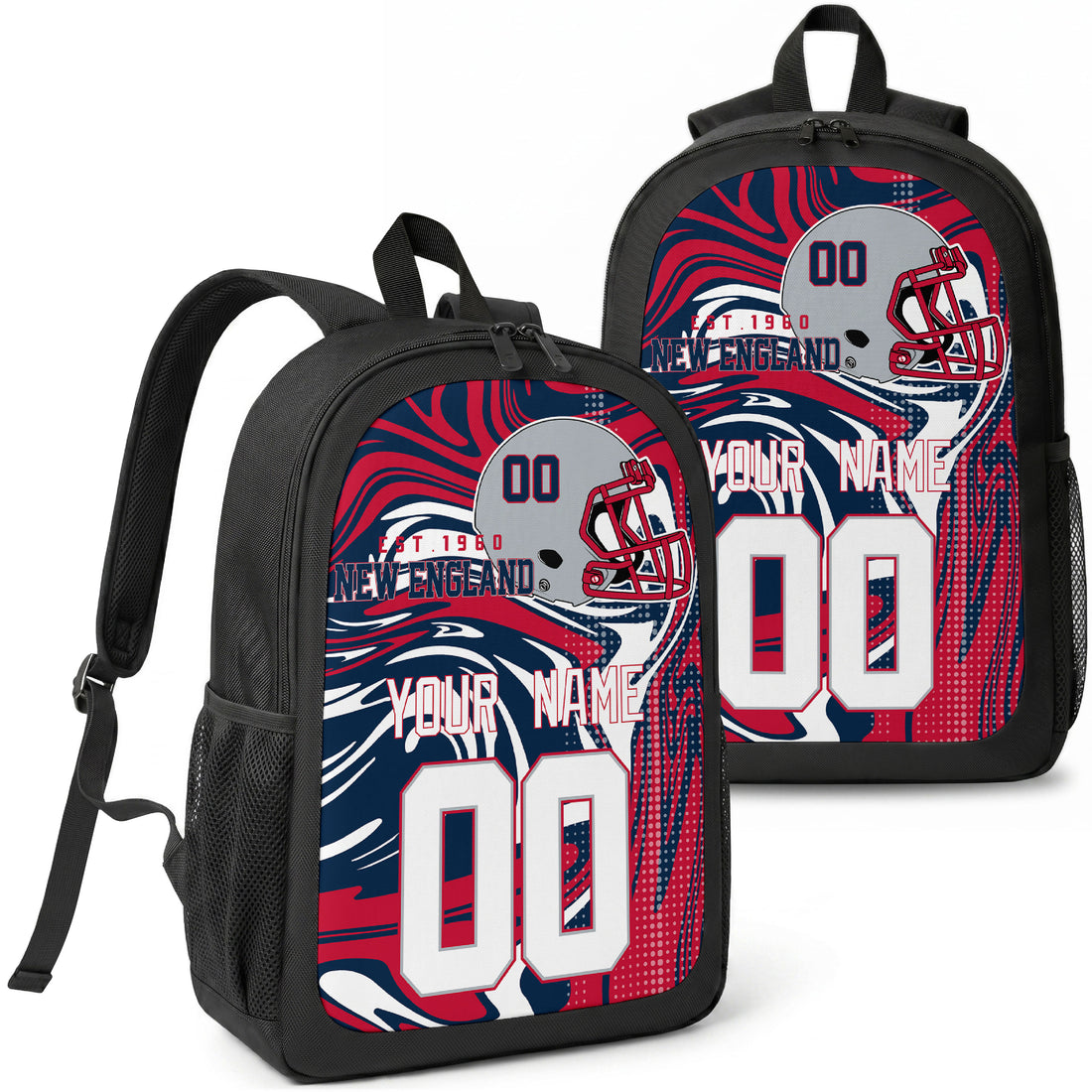 New England custom football backpack with name and number, front and angled product view