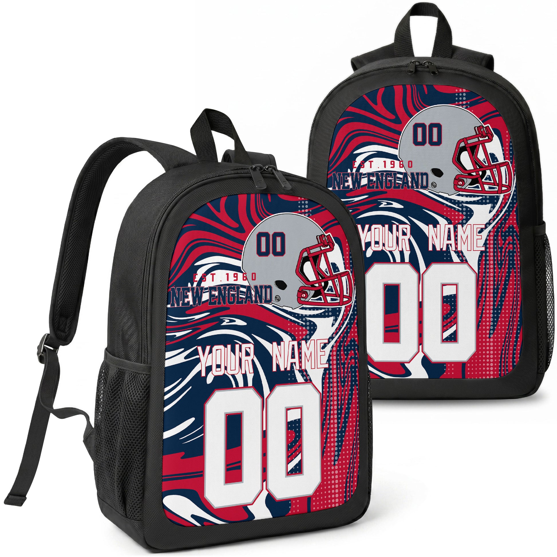 New England custom football backpack with name and number, front and angled product view