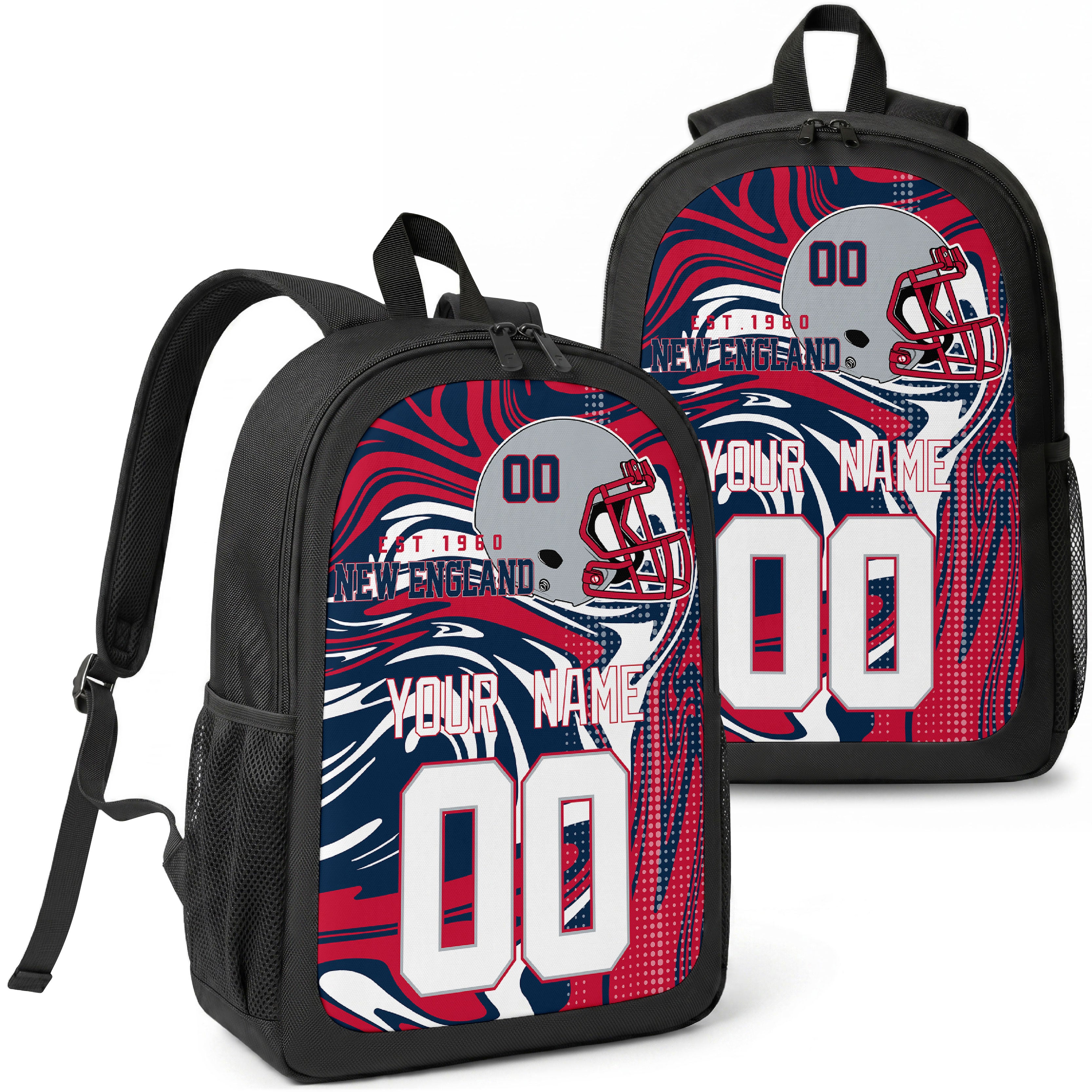 New England custom football backpack with name and number, front and angled product view
