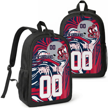 New England custom football backpack with name and number, front and angled product view