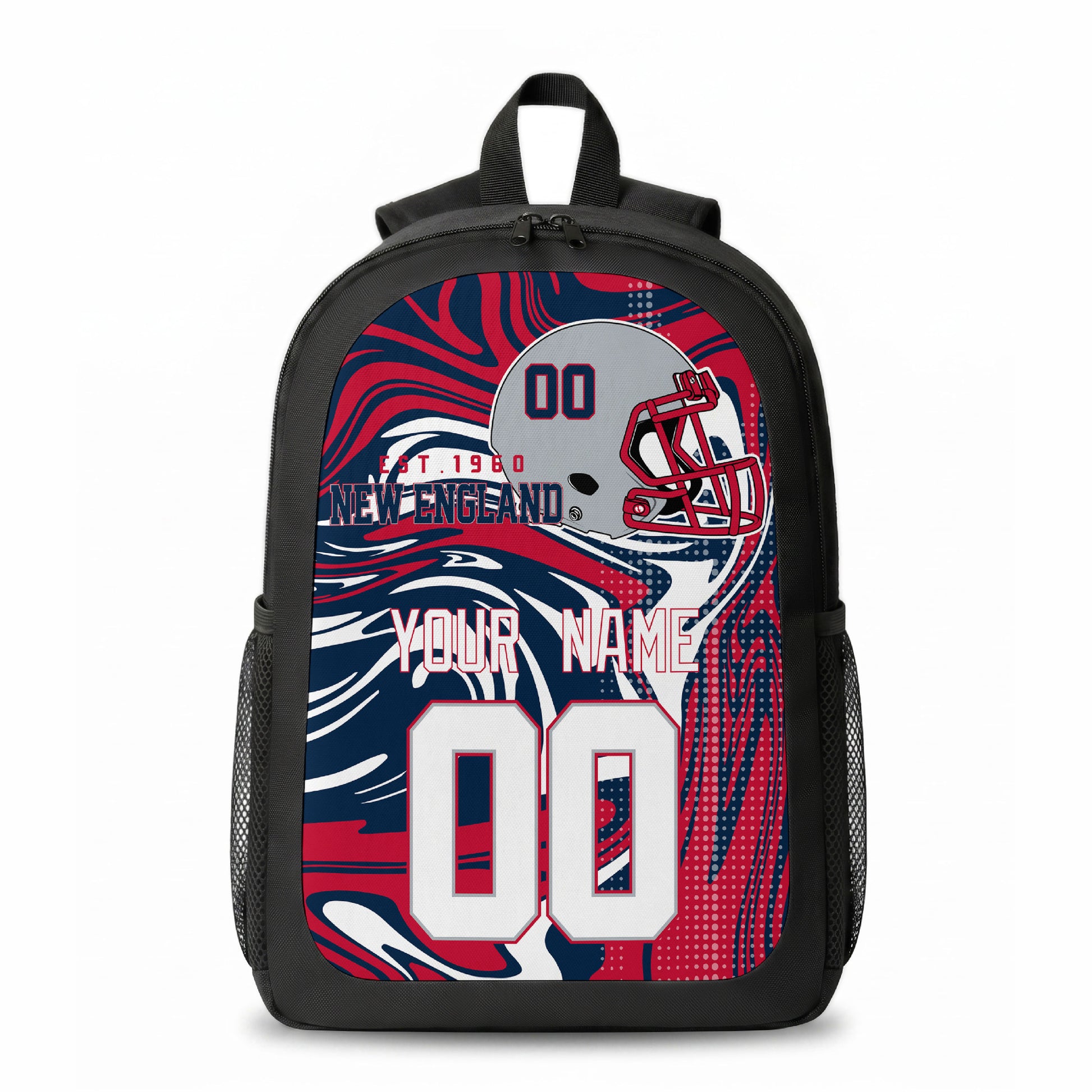 New England city colors personalized football backpack front view with helmet-style graphic