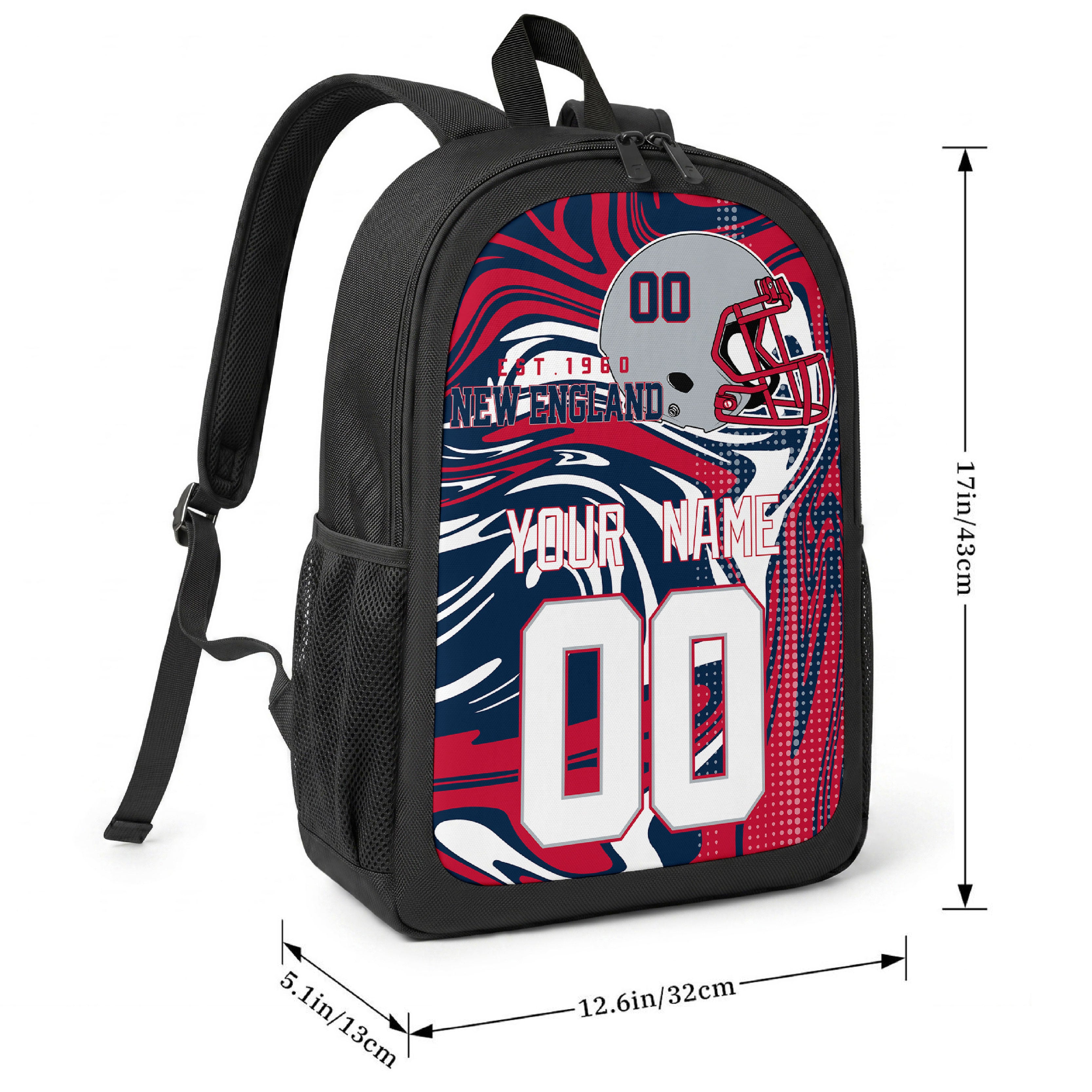 New England football-inspired backpack size chart showing 17 inch height, 12.6 inch width, and 5.1 inch depth