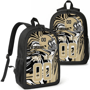 New Orleans custom football backpack with name and number, front and angled product view