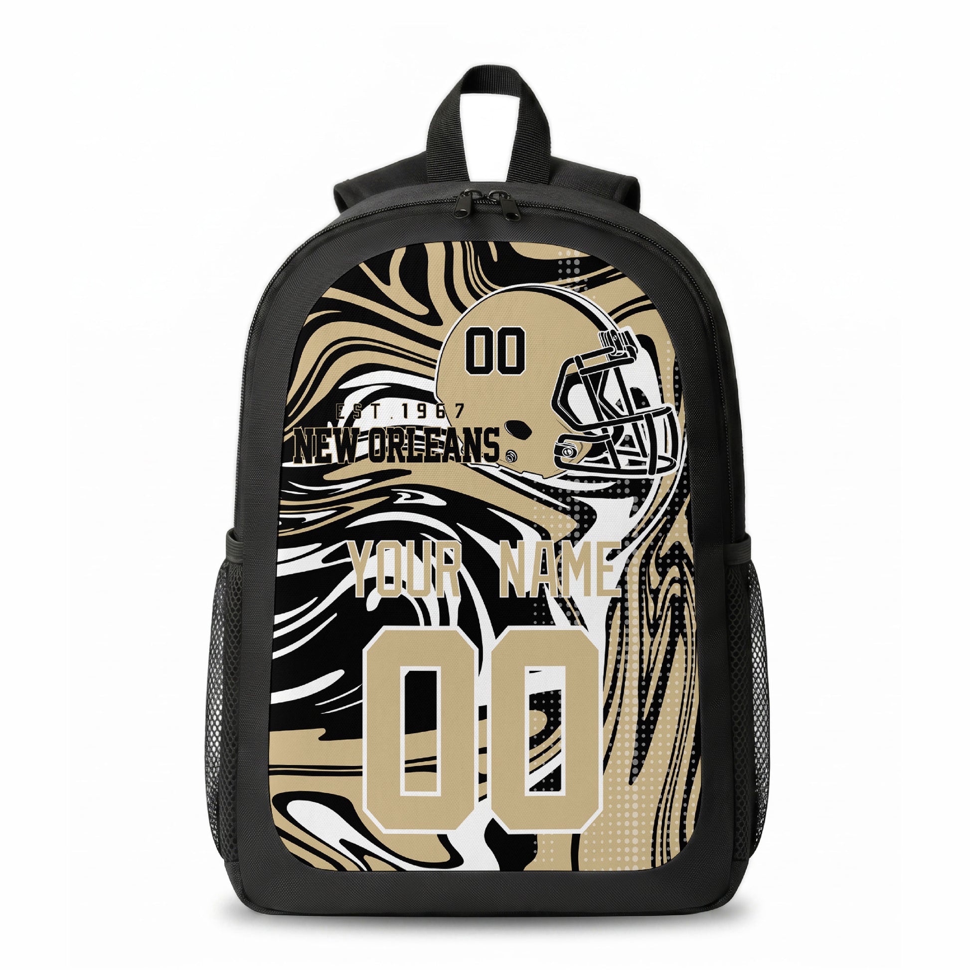 New Orleans city colors personalized football backpack front view with helmet-style graphic