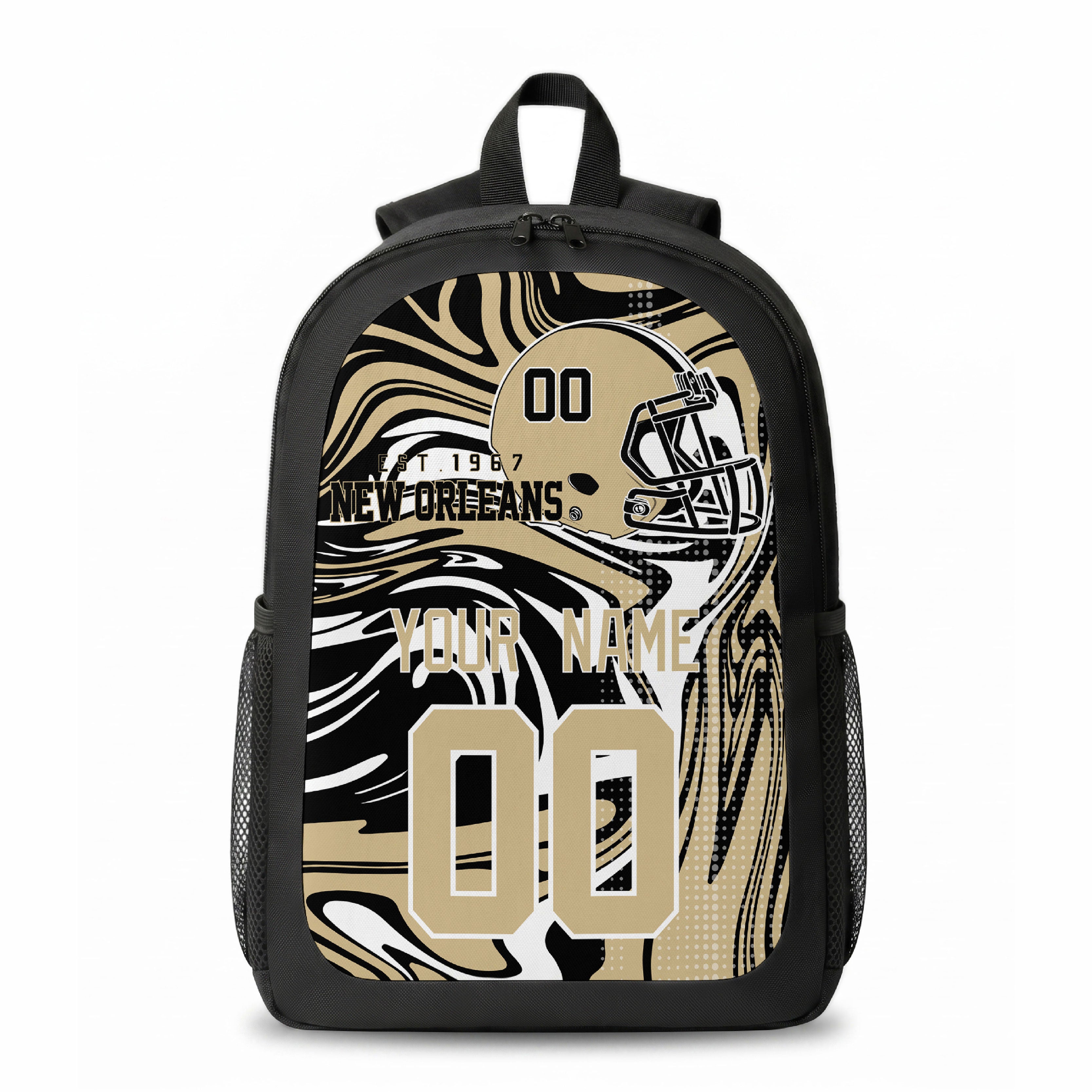 New Orleans city colors personalized football backpack front view with helmet-style graphic