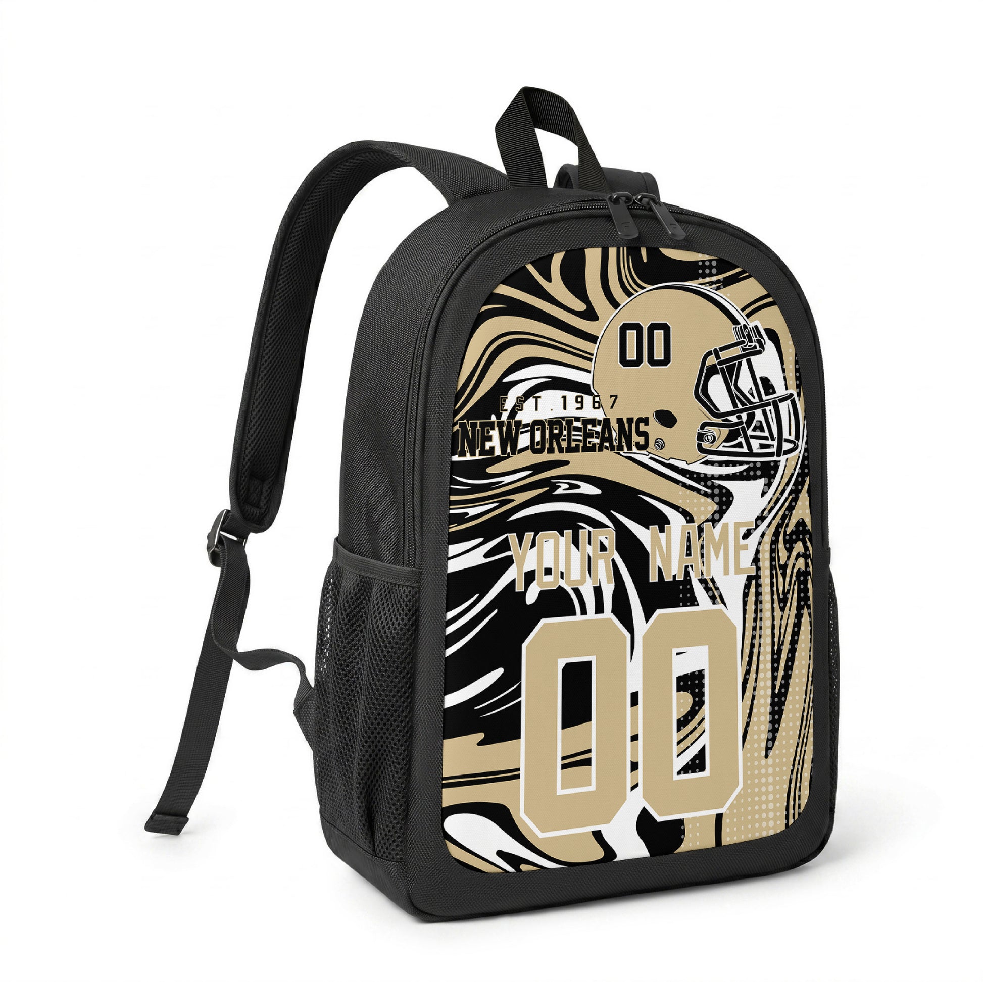 New Orleans custom name and number football backpack angled side view with black straps