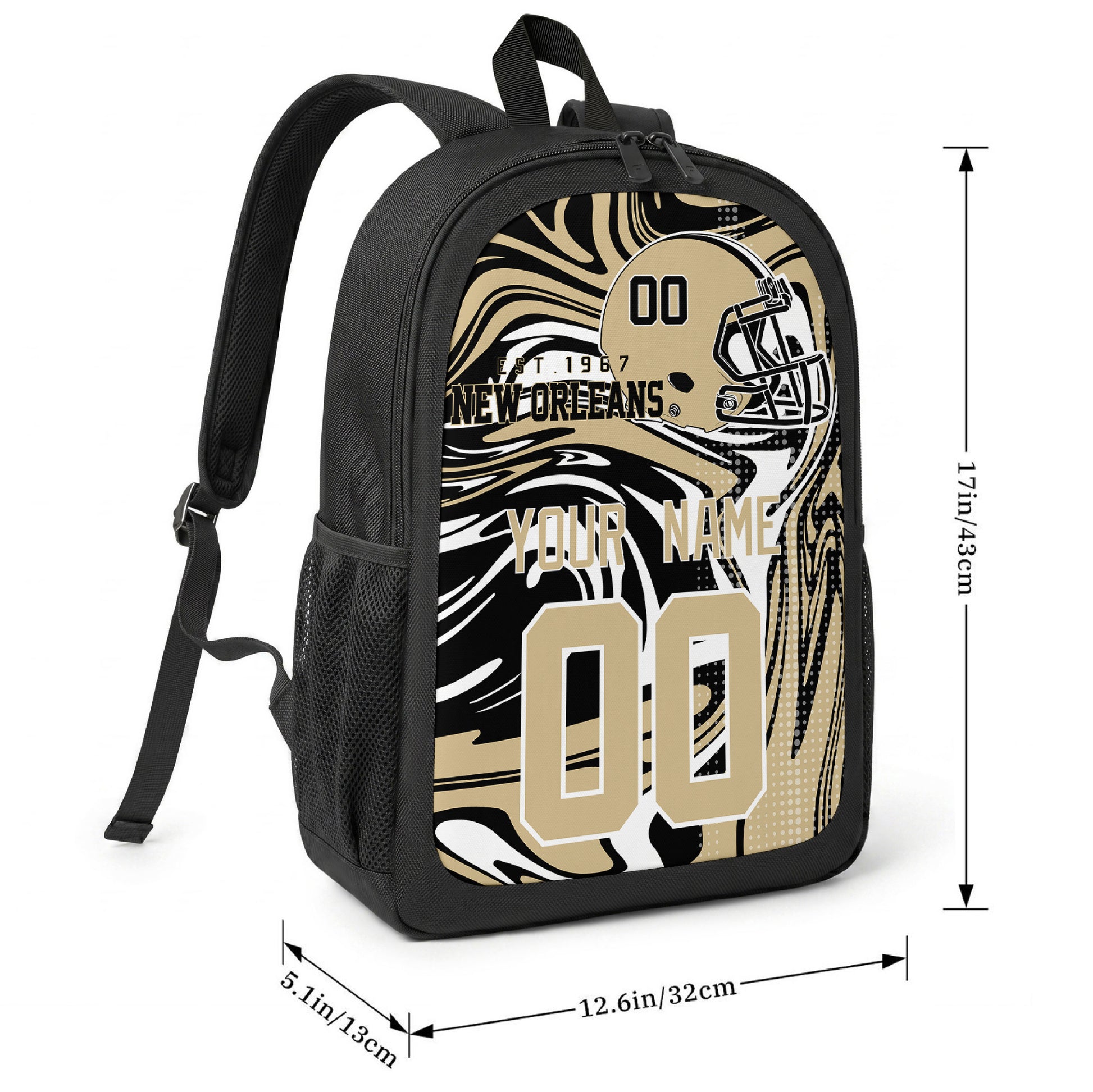 New Orleans football-inspired backpack size chart showing 17 inch height, 12.6 inch width, and 5.1 inch depth