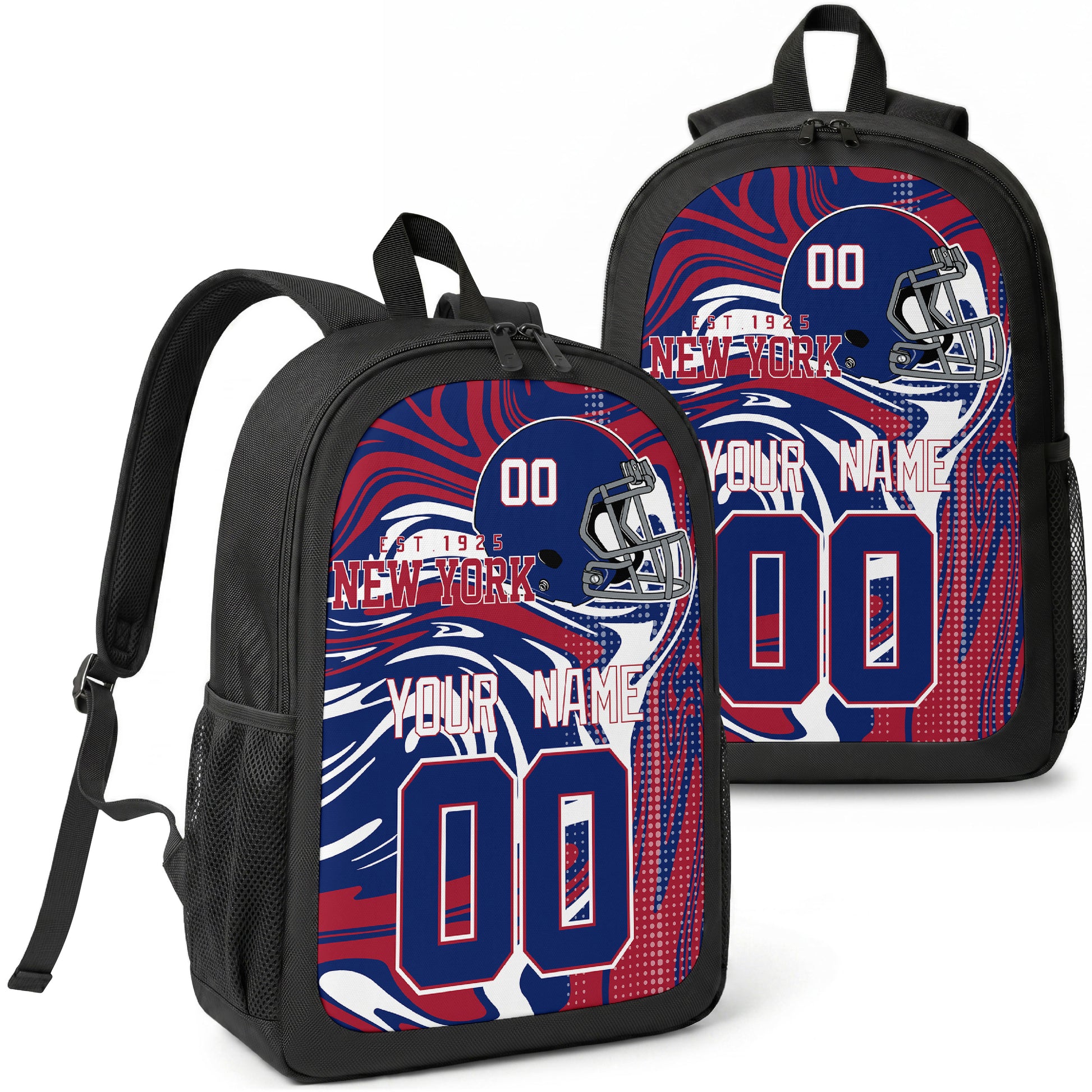New York Royal custom football backpack with name and number, front and angled product view