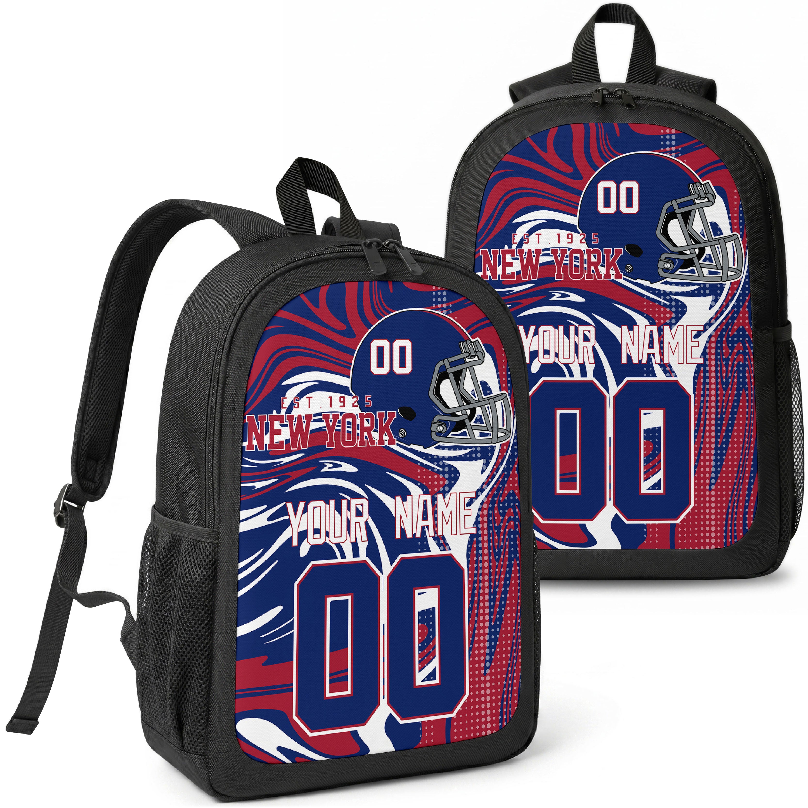 New York Royal custom football backpack with name and number, front and angled product view