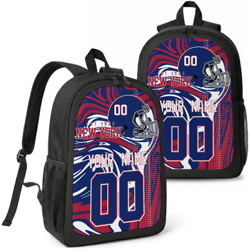 New York Royal custom football backpack with name and number, front and angled product view