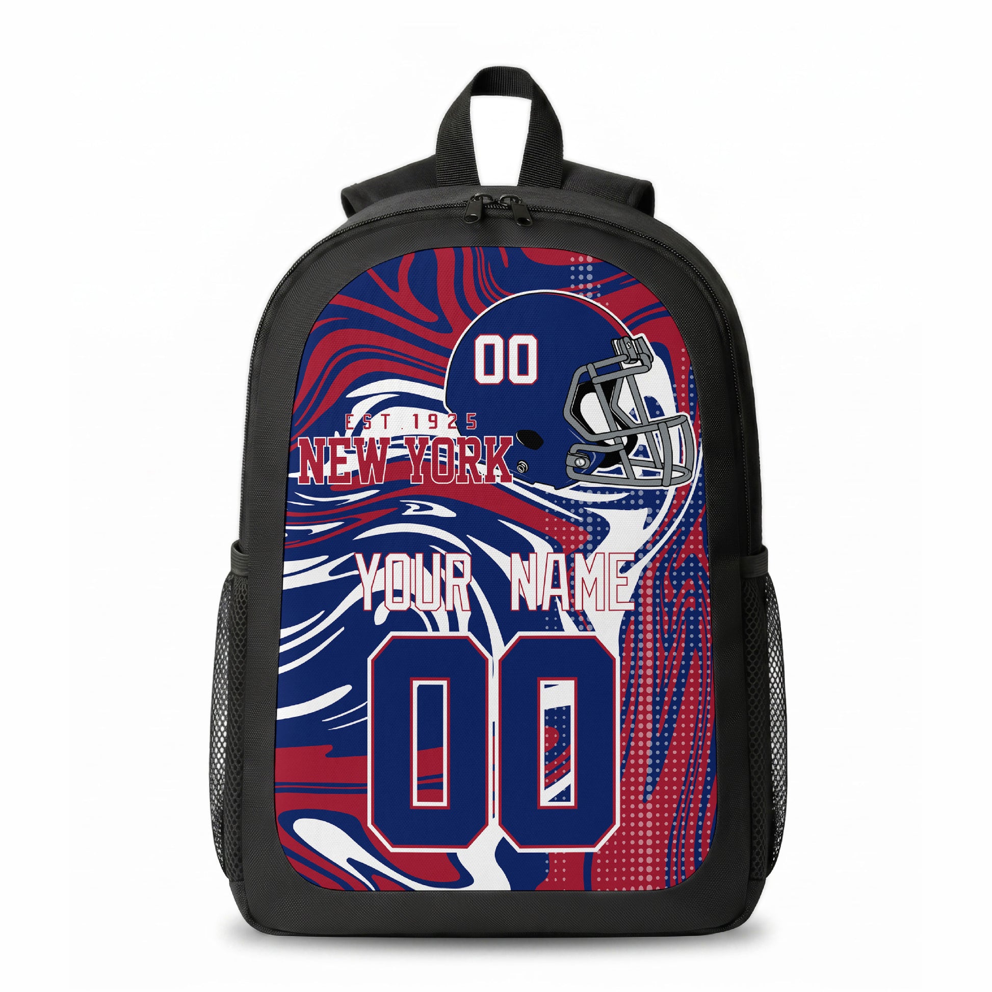 New York Royal city colors personalized football backpack front view with helmet-style graphic
