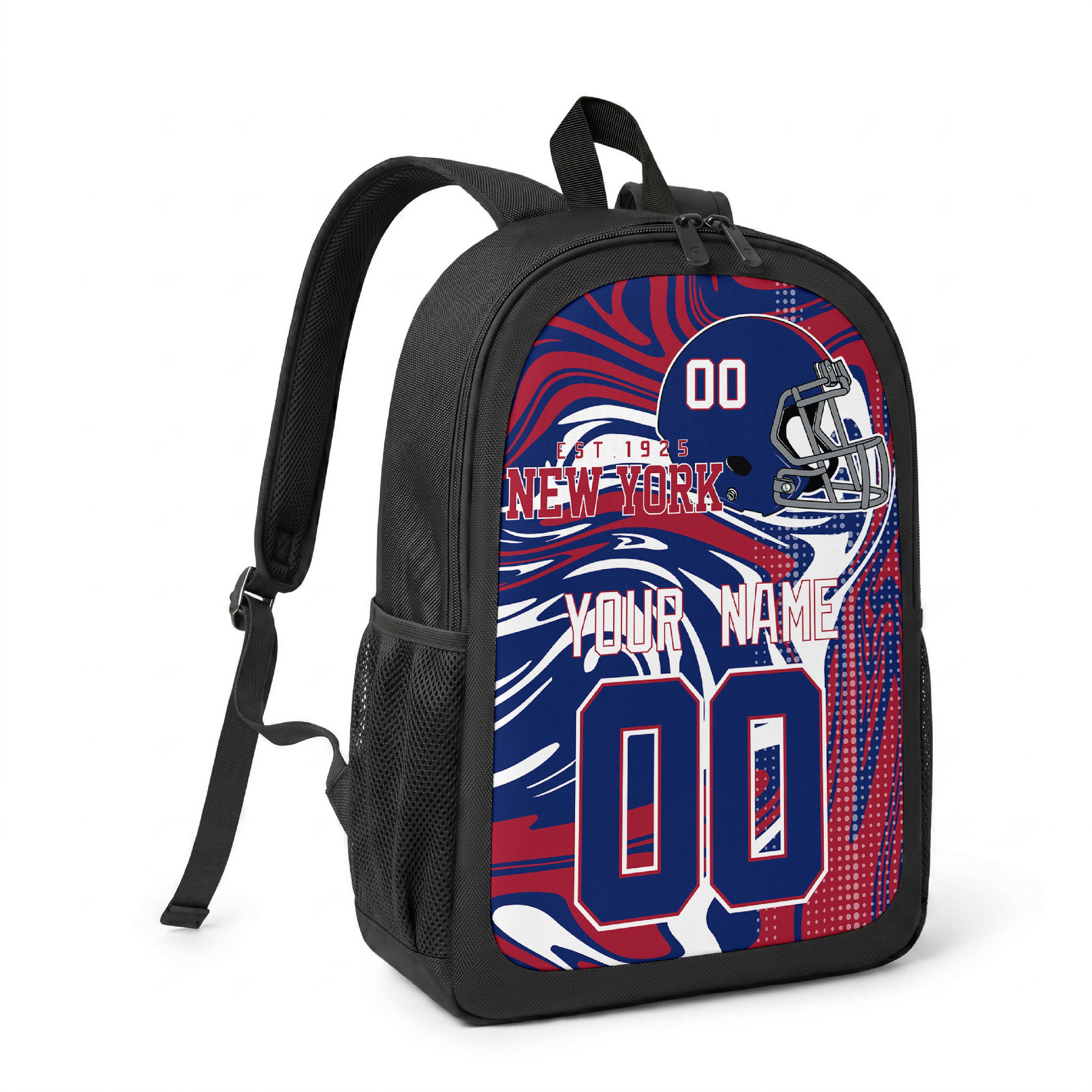 New York Royal custom name and number football backpack angled side view with black straps