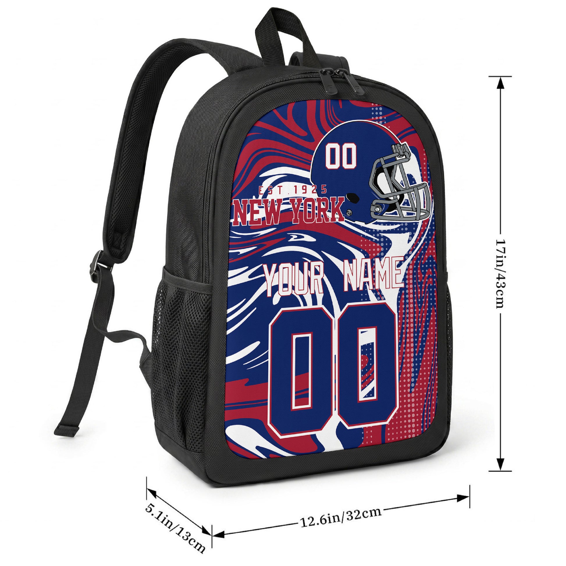 New York Royal football-inspired backpack size chart showing 17 inch height, 12.6 inch width, and 5.1 inch depth