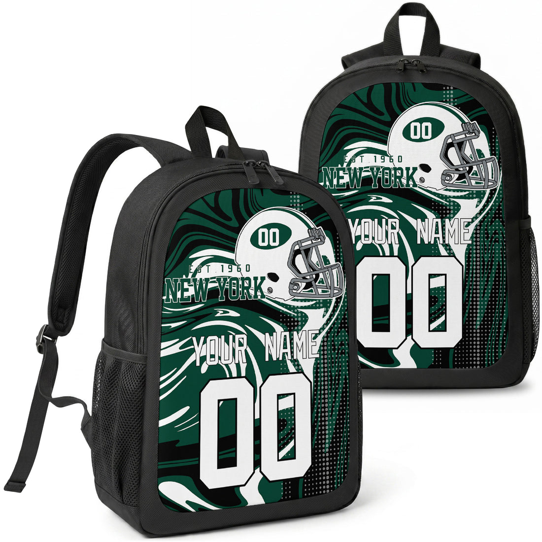New York Green custom football backpack with name and number, front and angled product view