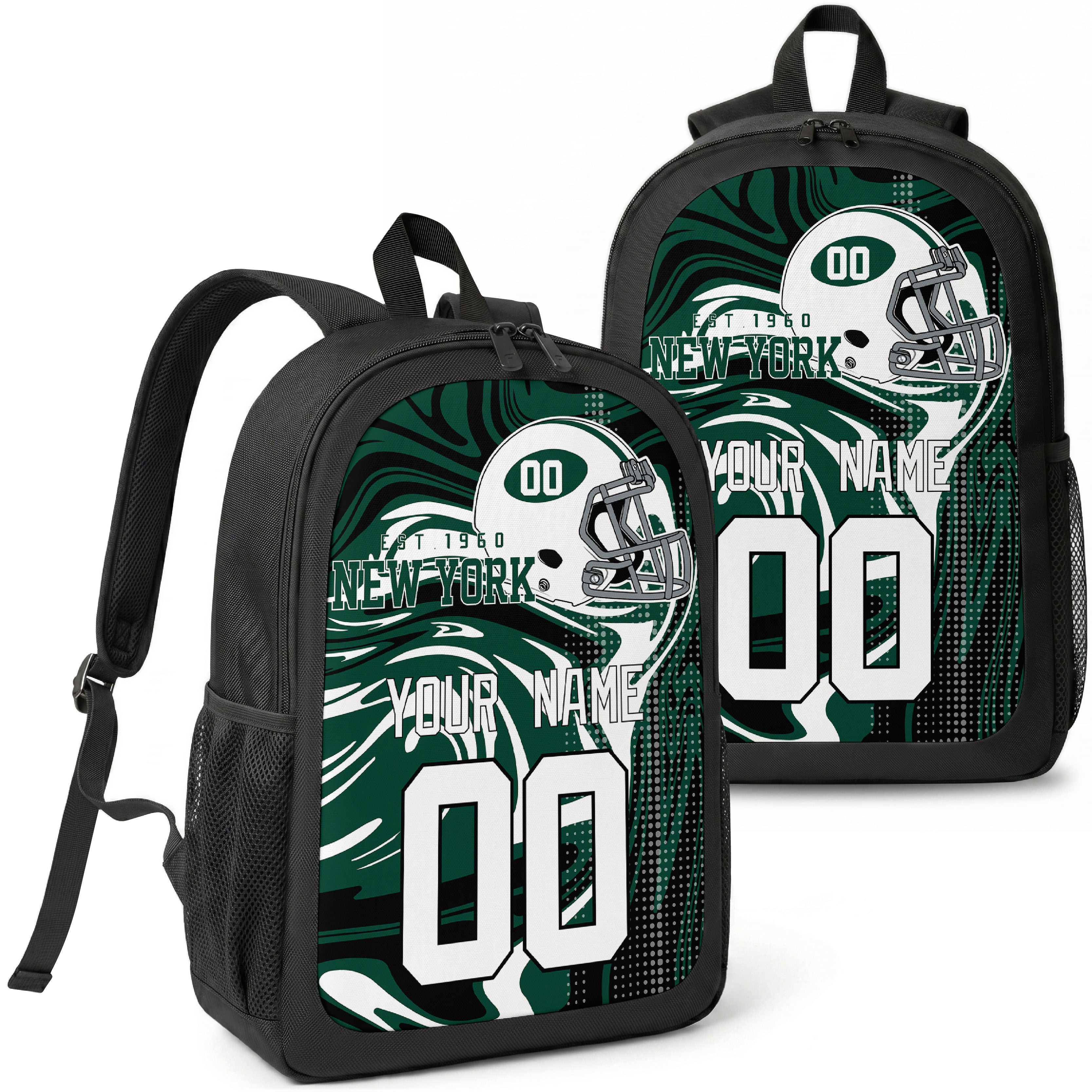 New York Green custom football backpack with name and number, front and angled product view