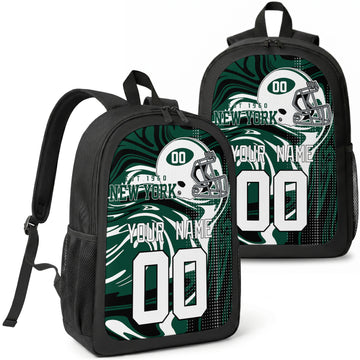 New York Green custom football backpack with name and number, front and angled product view