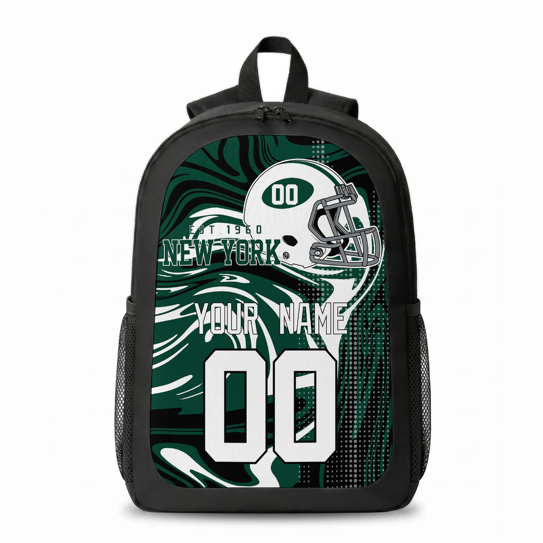 New York Green custom football backpack with name and number, front and angled product view