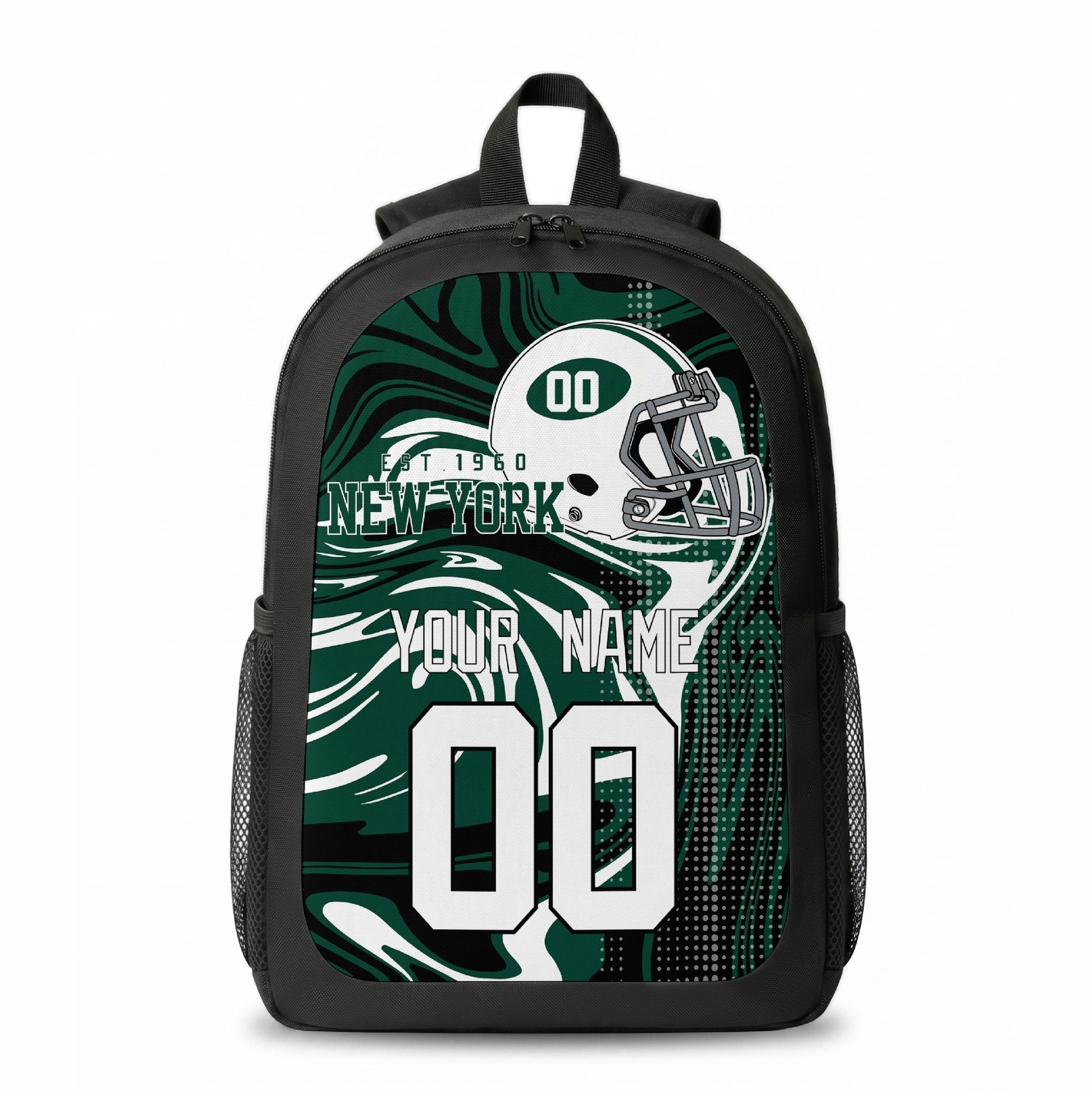 New York Green city colors personalized football backpack front view with helmet-style graphic