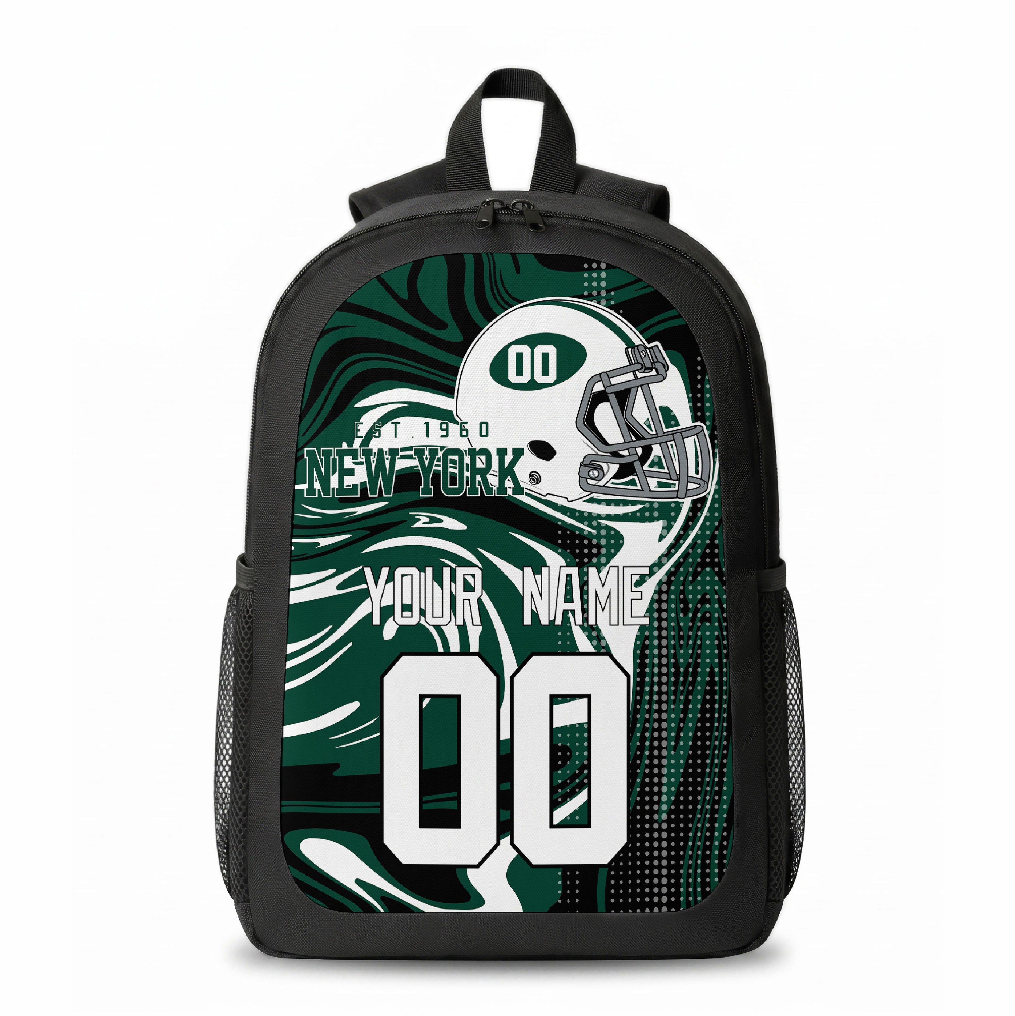 New York Green city colors personalized football backpack front view with helmet-style graphic