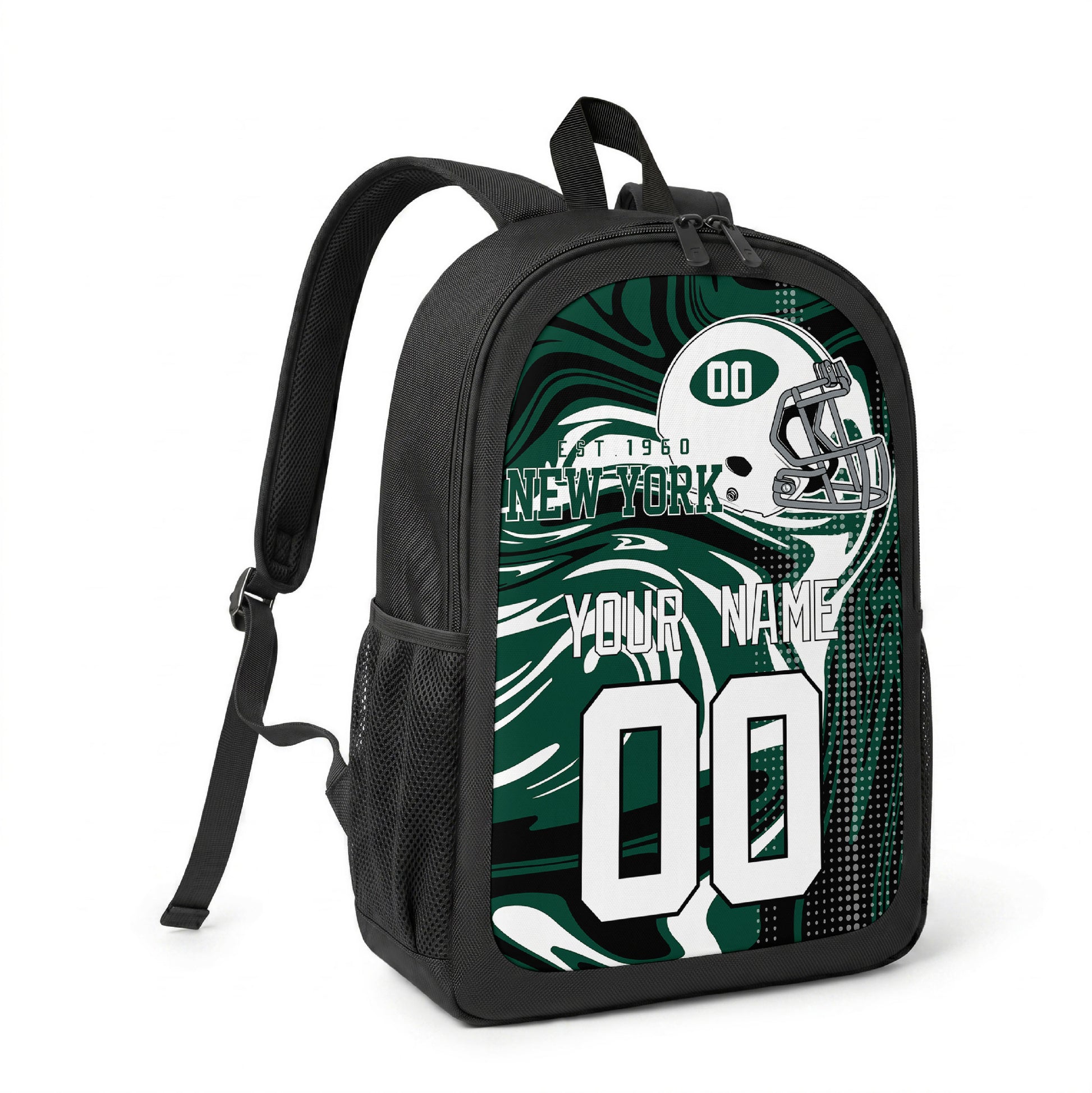 New York Green custom name and number football backpack angled side view with black straps