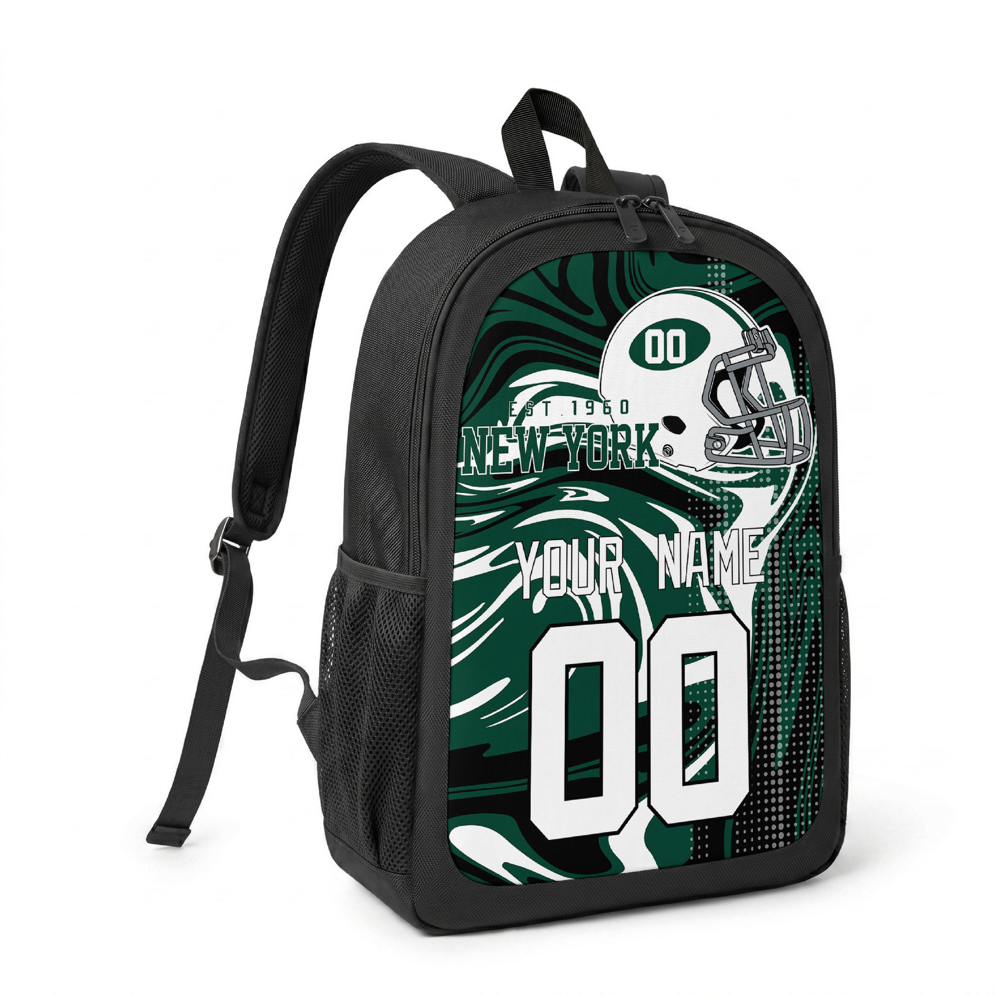 New York Green custom name and number football backpack angled side view with black straps