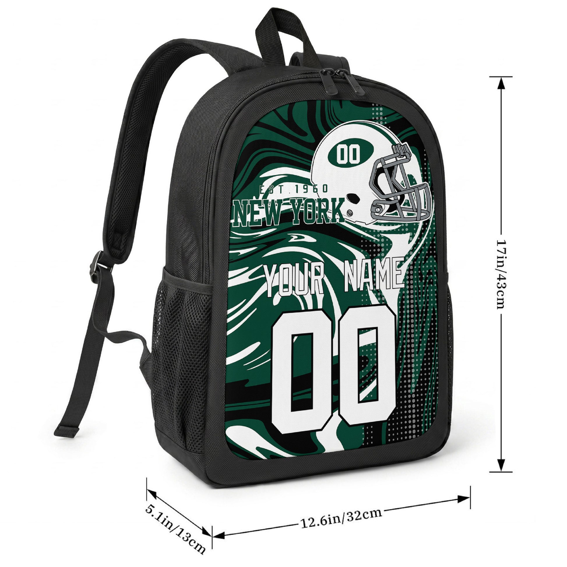 New York Green football-inspired backpack size chart showing 17 inch height, 12.6 inch width, and 5.1 inch depth