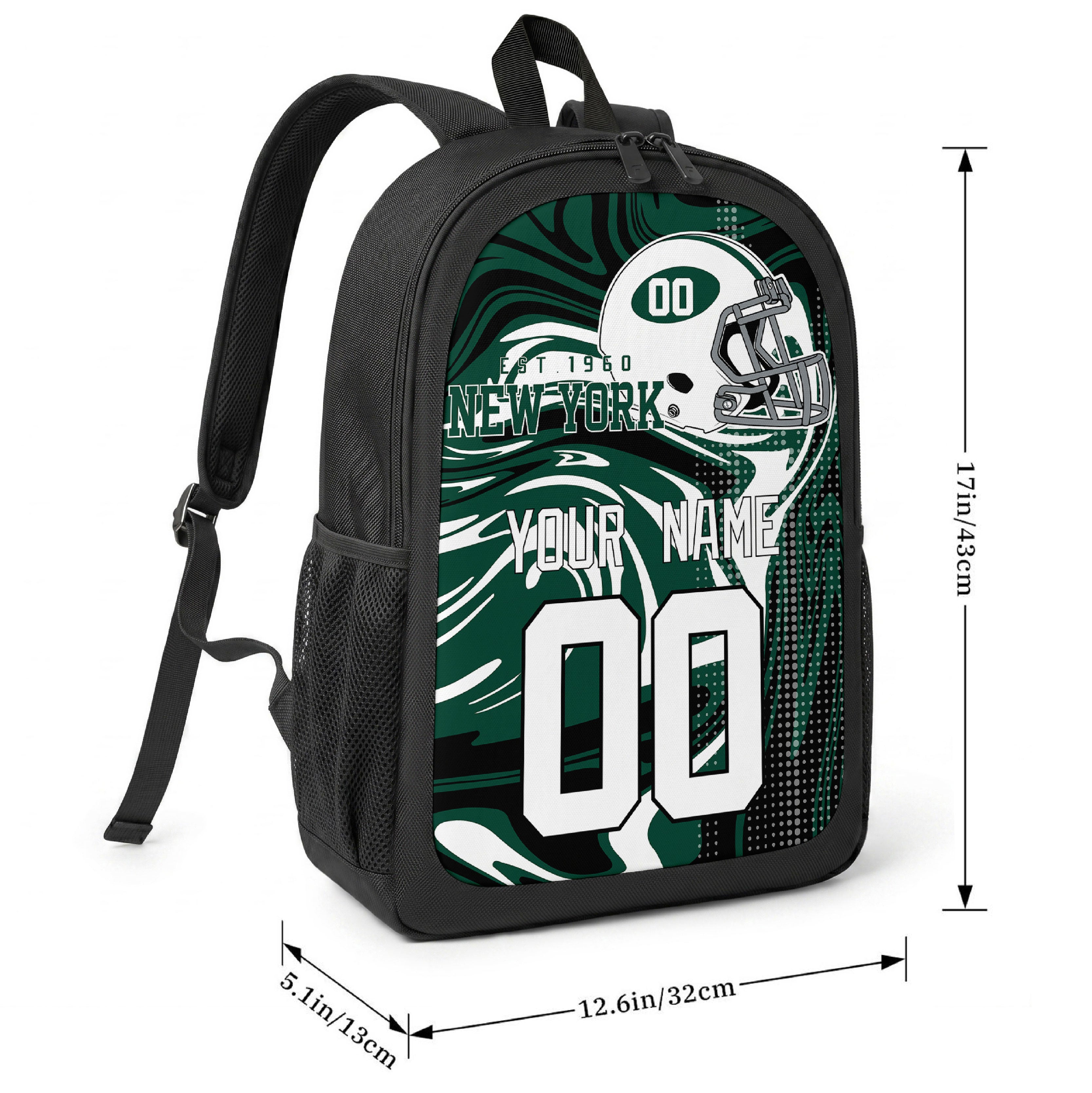 New York Green football-inspired backpack size chart showing 17 inch height, 12.6 inch width, and 5.1 inch depth