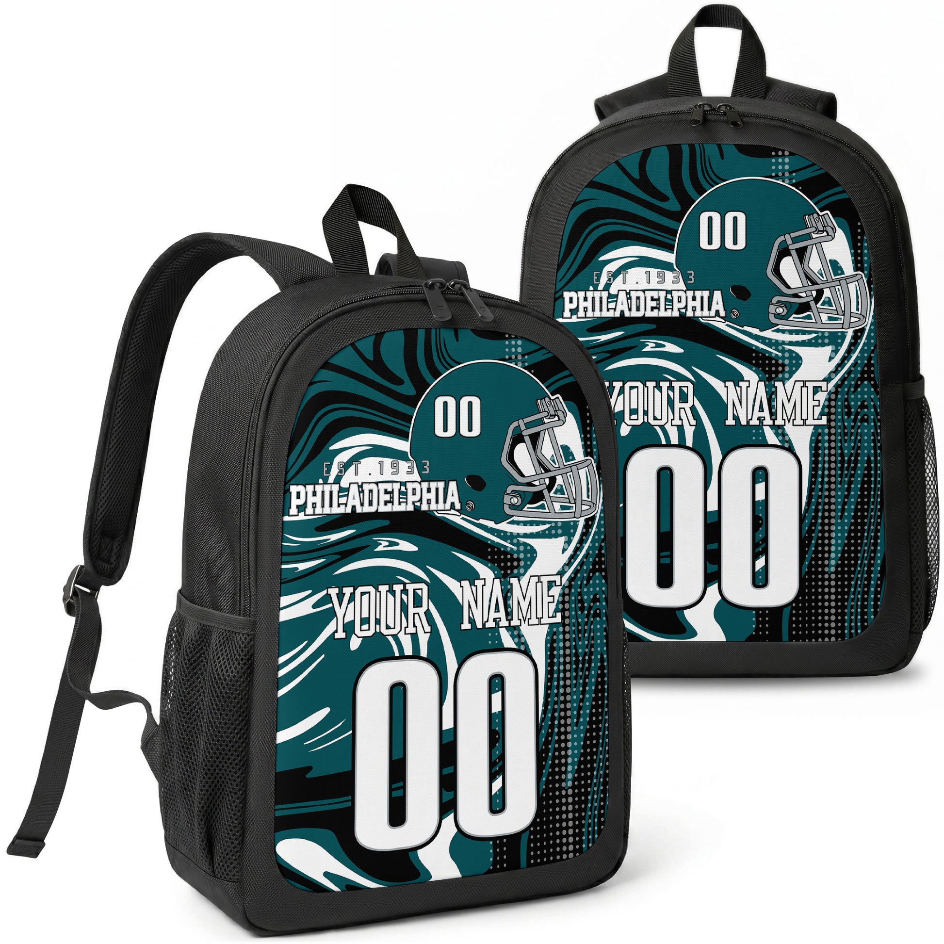 Philadelphia custom football backpack with name and number, front and angled product view