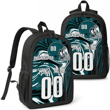 Philadelphia custom football backpack with name and number, front and angled product view