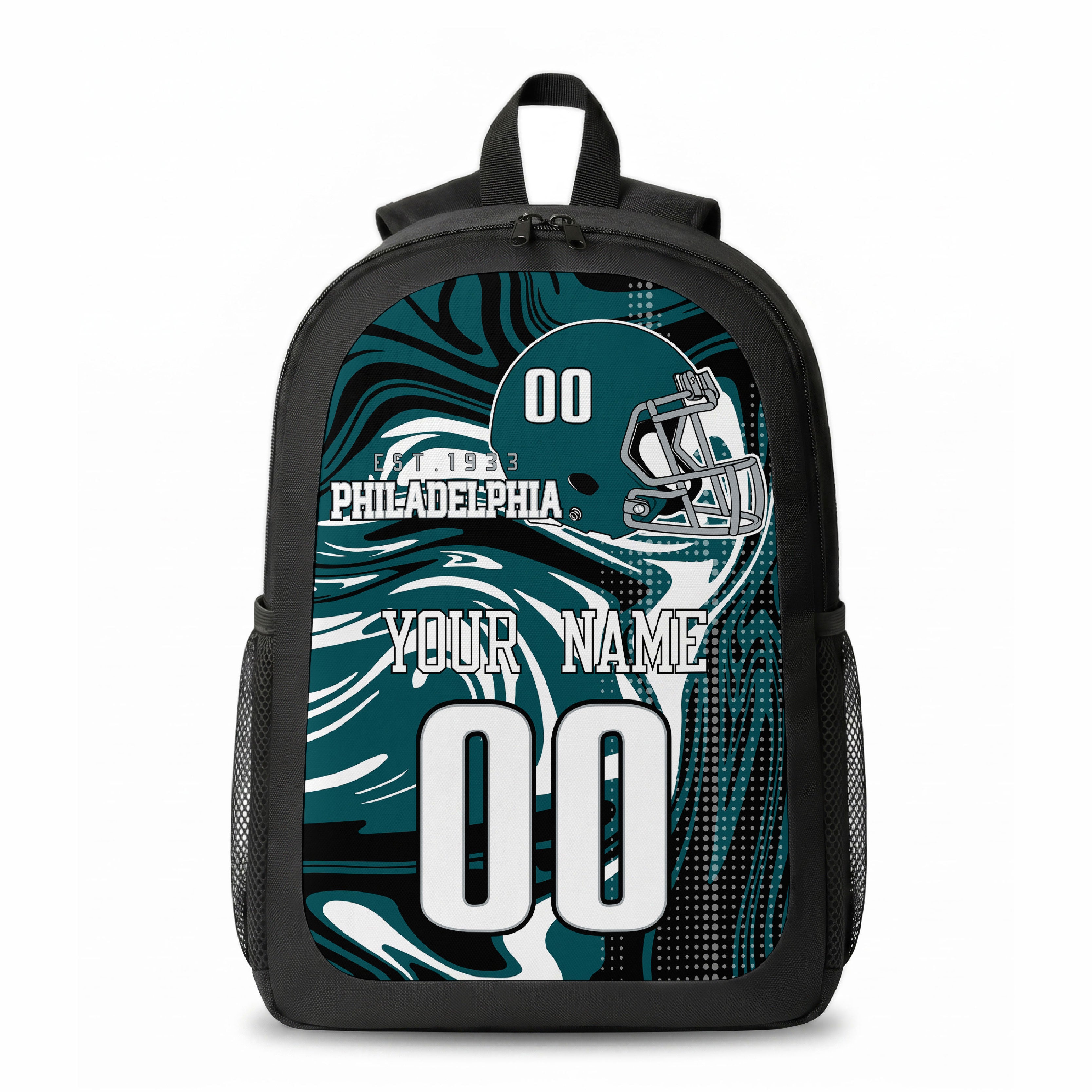 Philadelphia city colors personalized football backpack front view with helmet-style graphic